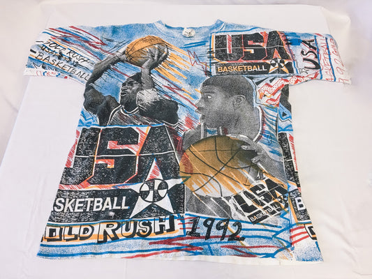 Vintage 1992 Michael Jordan Magic Johnson T's Dream Team All Over Print T-Shirt, Men's Sz. L