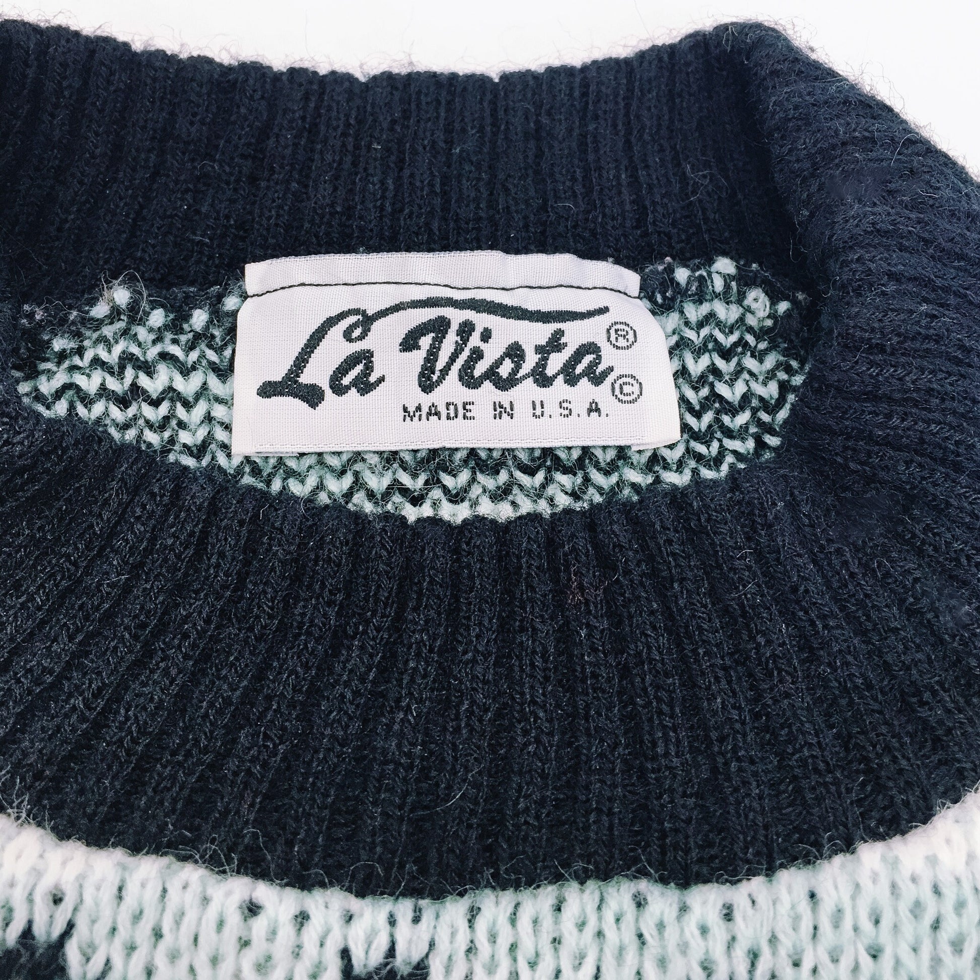 Vintage 80s La Vista Fair Isle Mint and Black Patterned Sweater, Vintage 1980s Crewneck