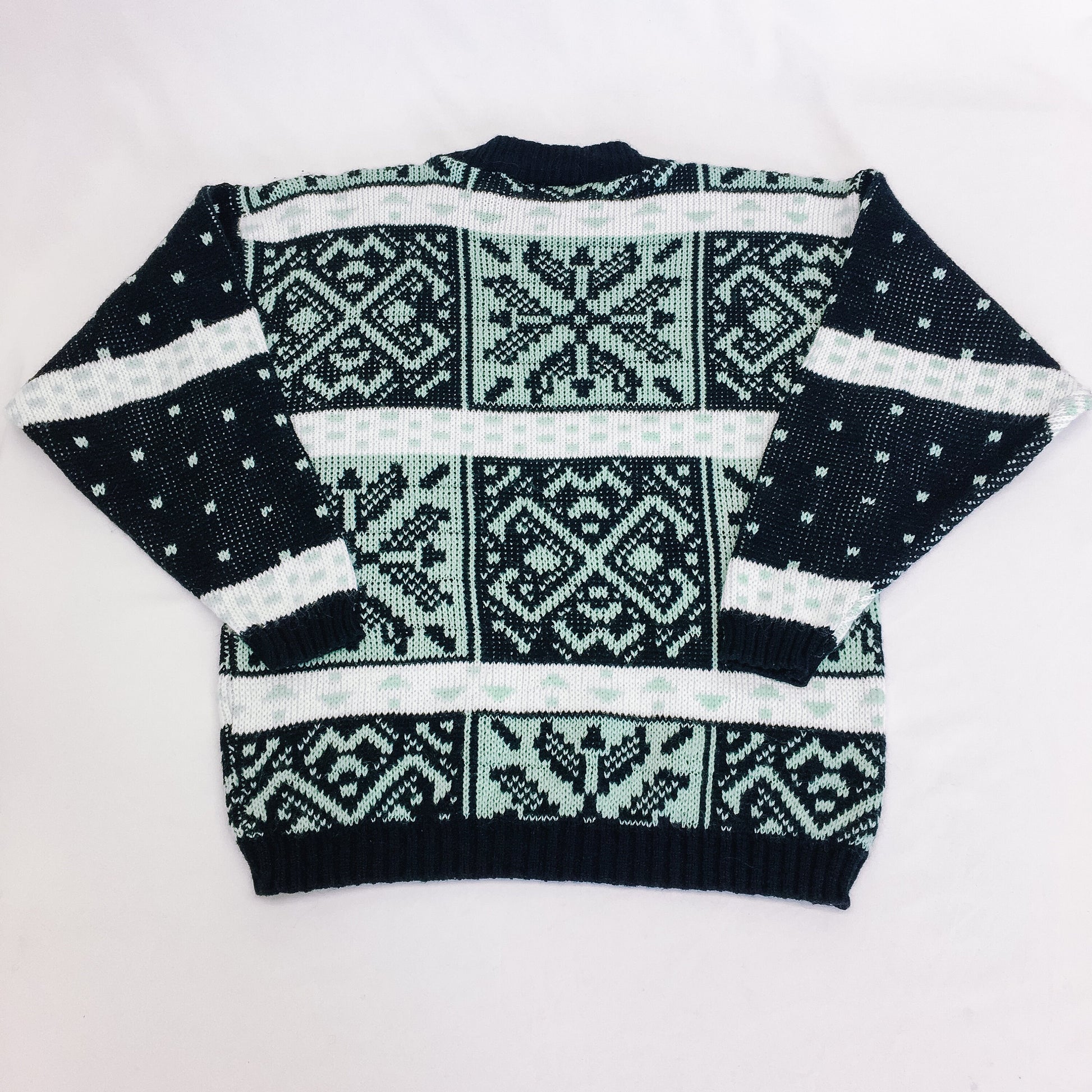 Vintage 80s La Vista Fair Isle Mint and Black Patterned Sweater, Vintage 1980s Crewneck