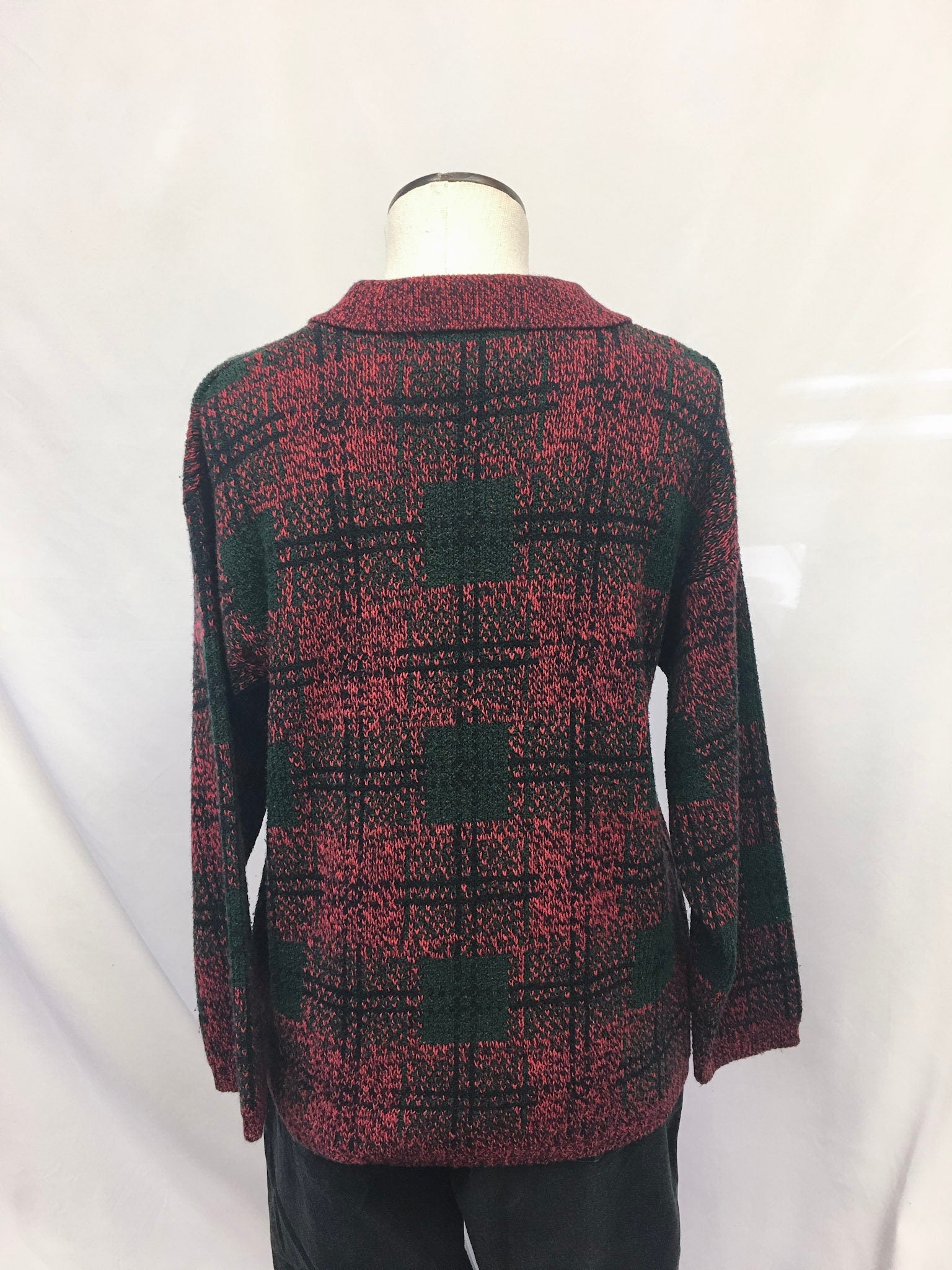 Vintage 90's Mariey Plaid Quarter Button Up Pull Over Sweater, Sz. L