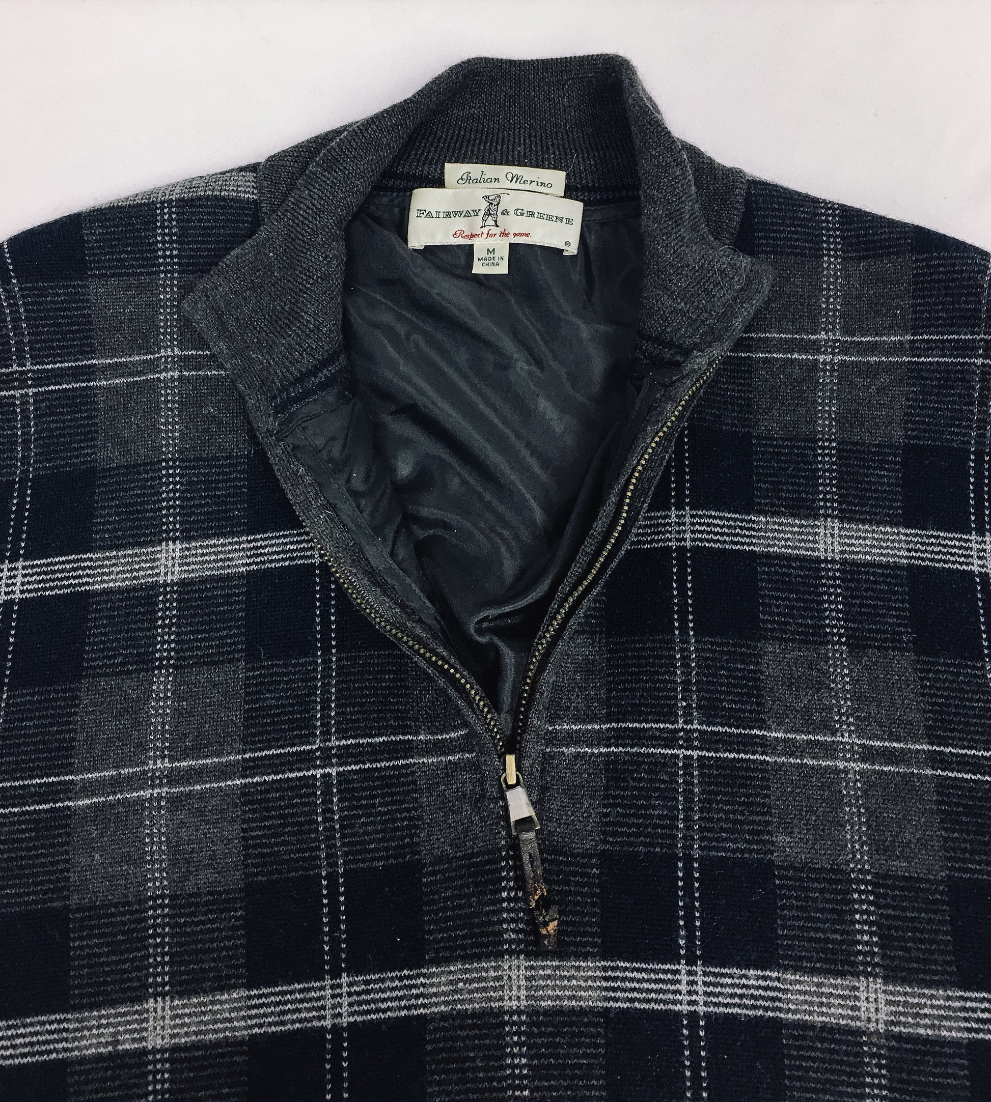 Vintage Fairway & Greene Gray/Blue Plaid Italian Merino Wool Quarter Zip Sweater, Men's Sz. M