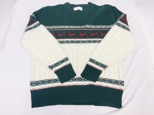 Vintage Jantzen Green and Cream Reindeer Crewneck Sweater, Vintage Holiday Sweater