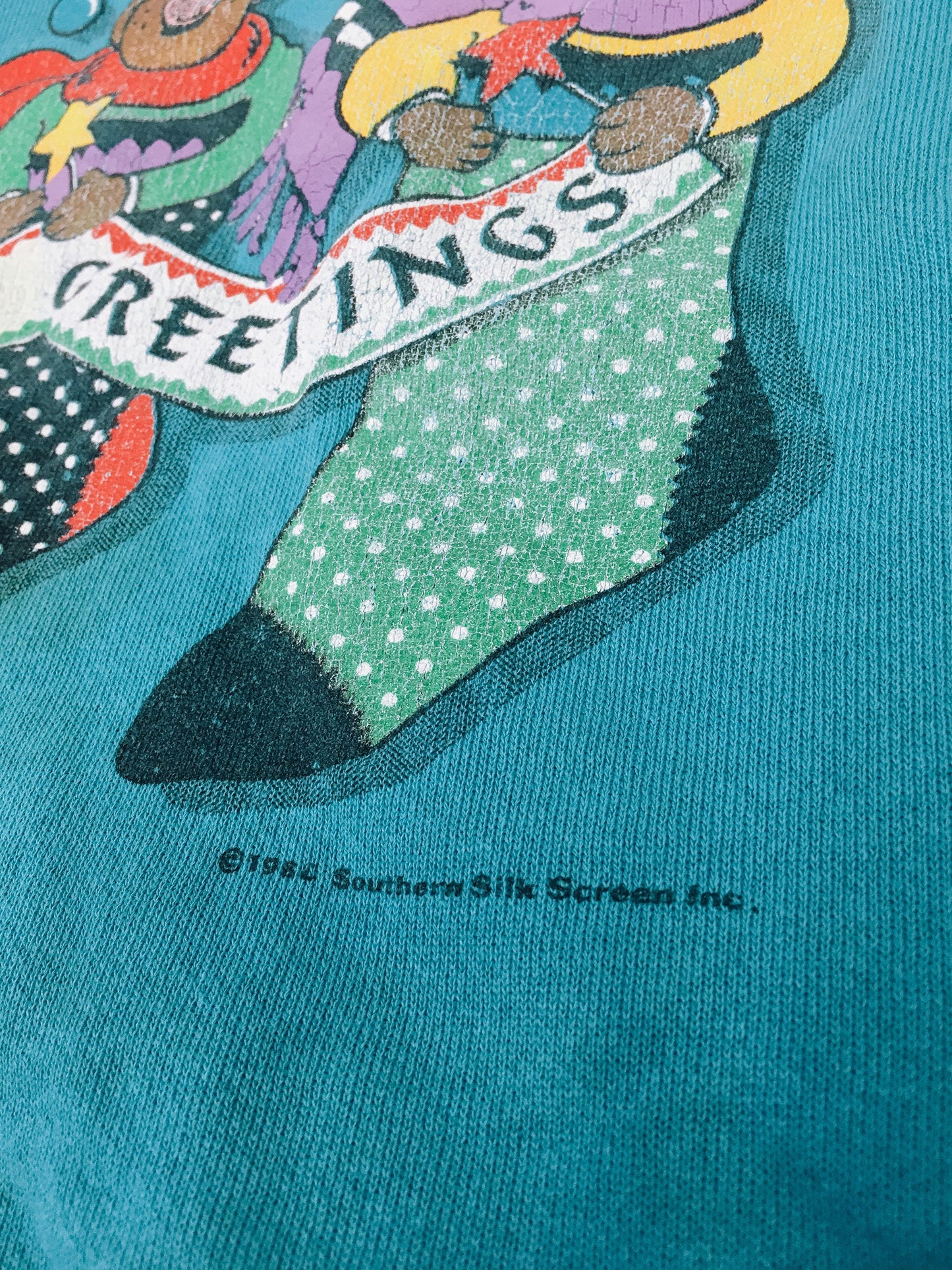 Vintage 1980 Hanes "Seasons Greetings" Teal Crewneck Sweater, Vintage 80s Holiday Sweatshirt, Made in USA, Sz. XXL