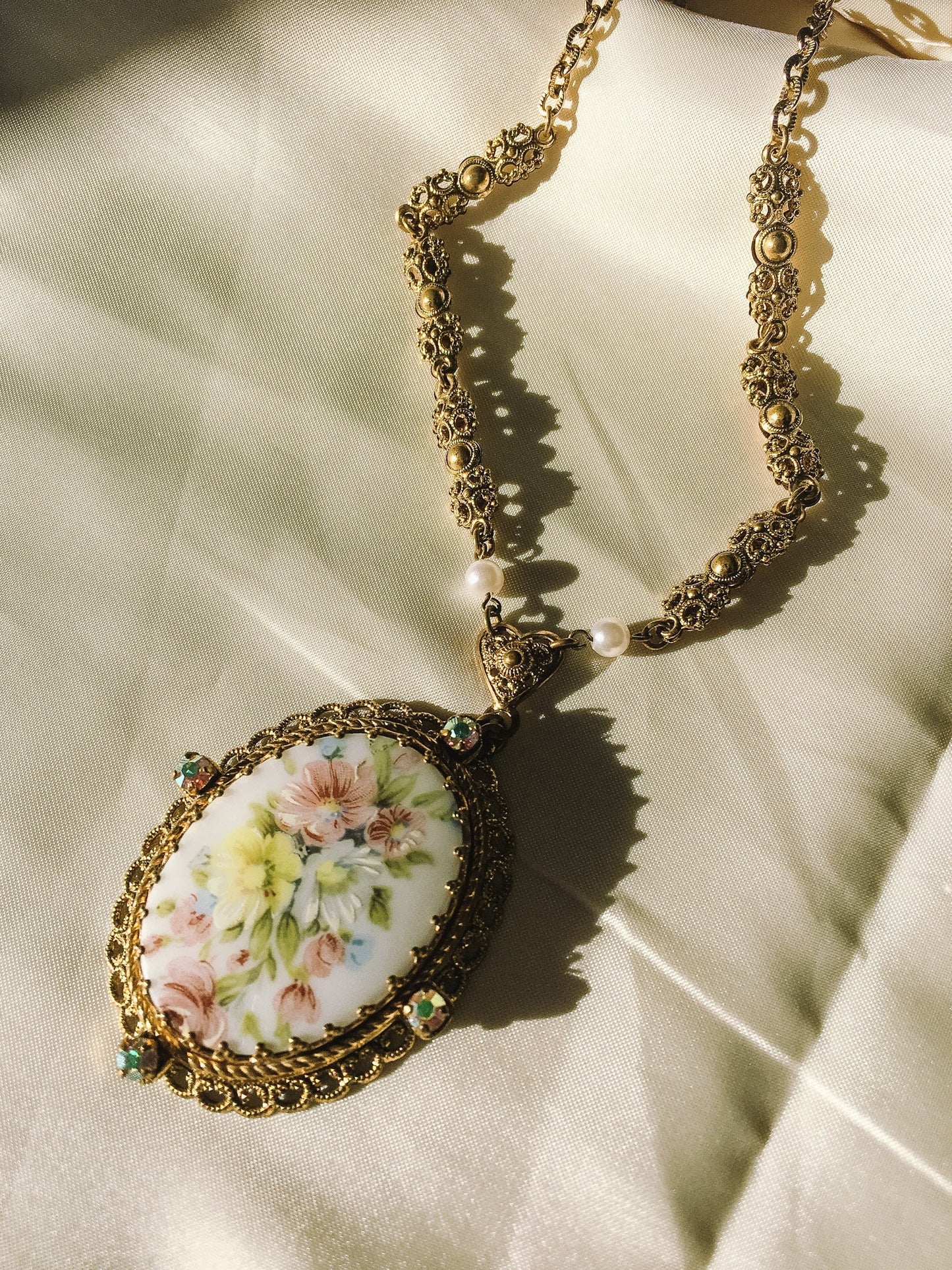 Vintage Brass Filigree Pendant Necklace, Floral Design, Marked Western Germany