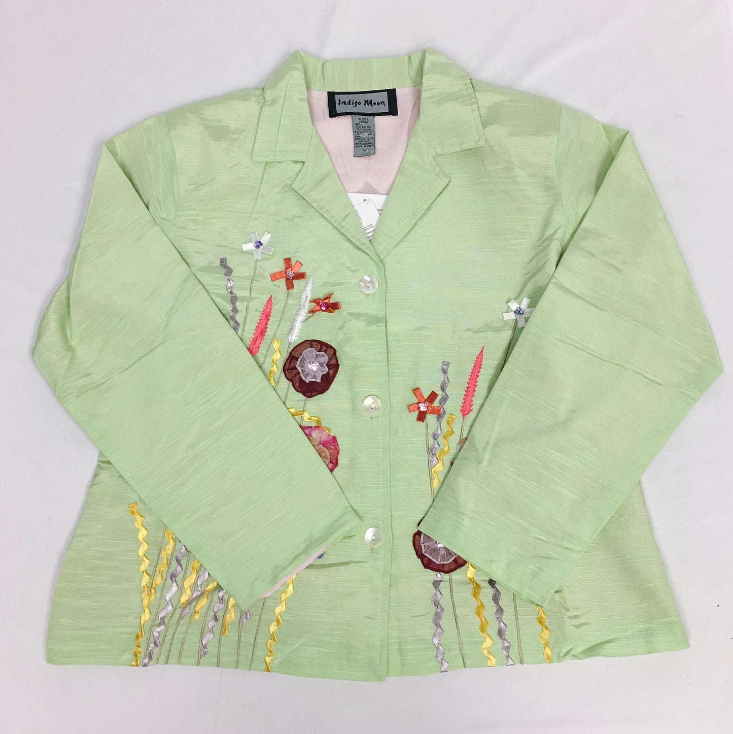 NWT Vintage Indigo Moon Green Button Up with Silk Pink Lining Blouse/Shirt , sz. L