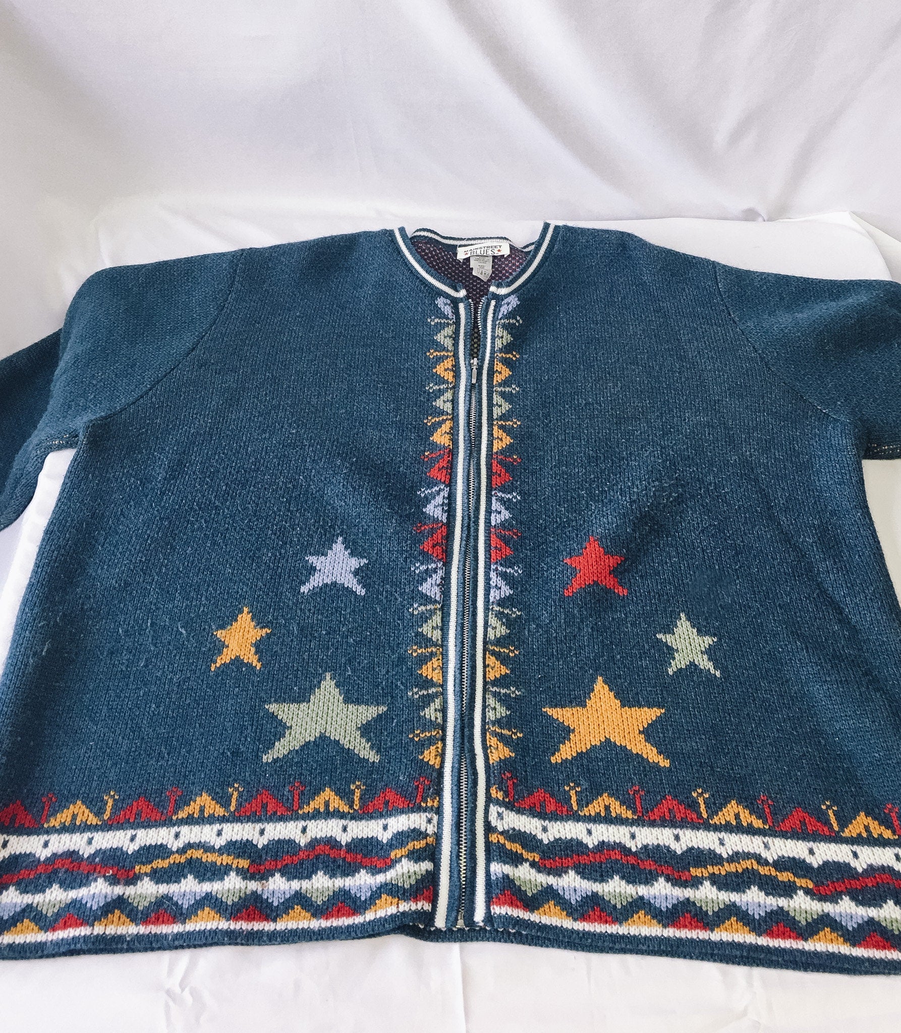 Vintage Mainstreet Blues Blue Star Holiday Patterned Zip Up Sweater