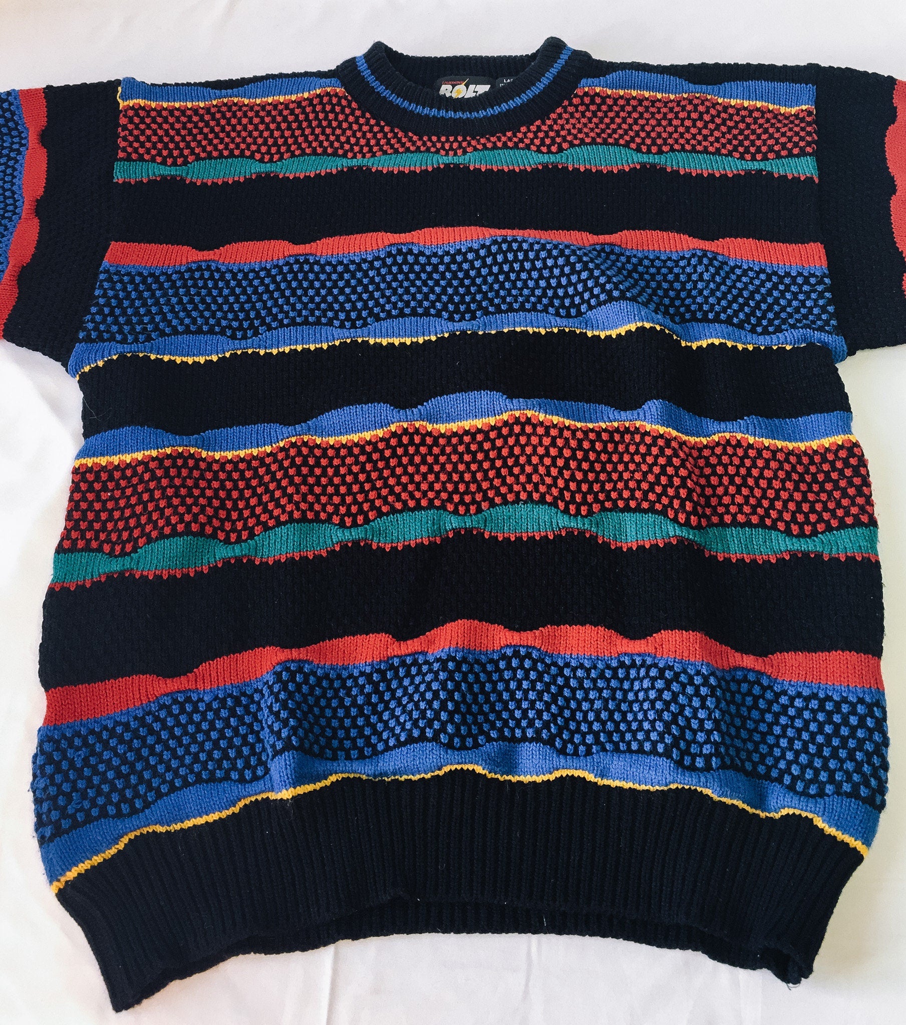 Vintage 80s/90s Lightning Bolt Multicolored Abstract Print Crewneck Sweater, Vintage 80s/90s Grandpa Sweater, Men's Sz. L