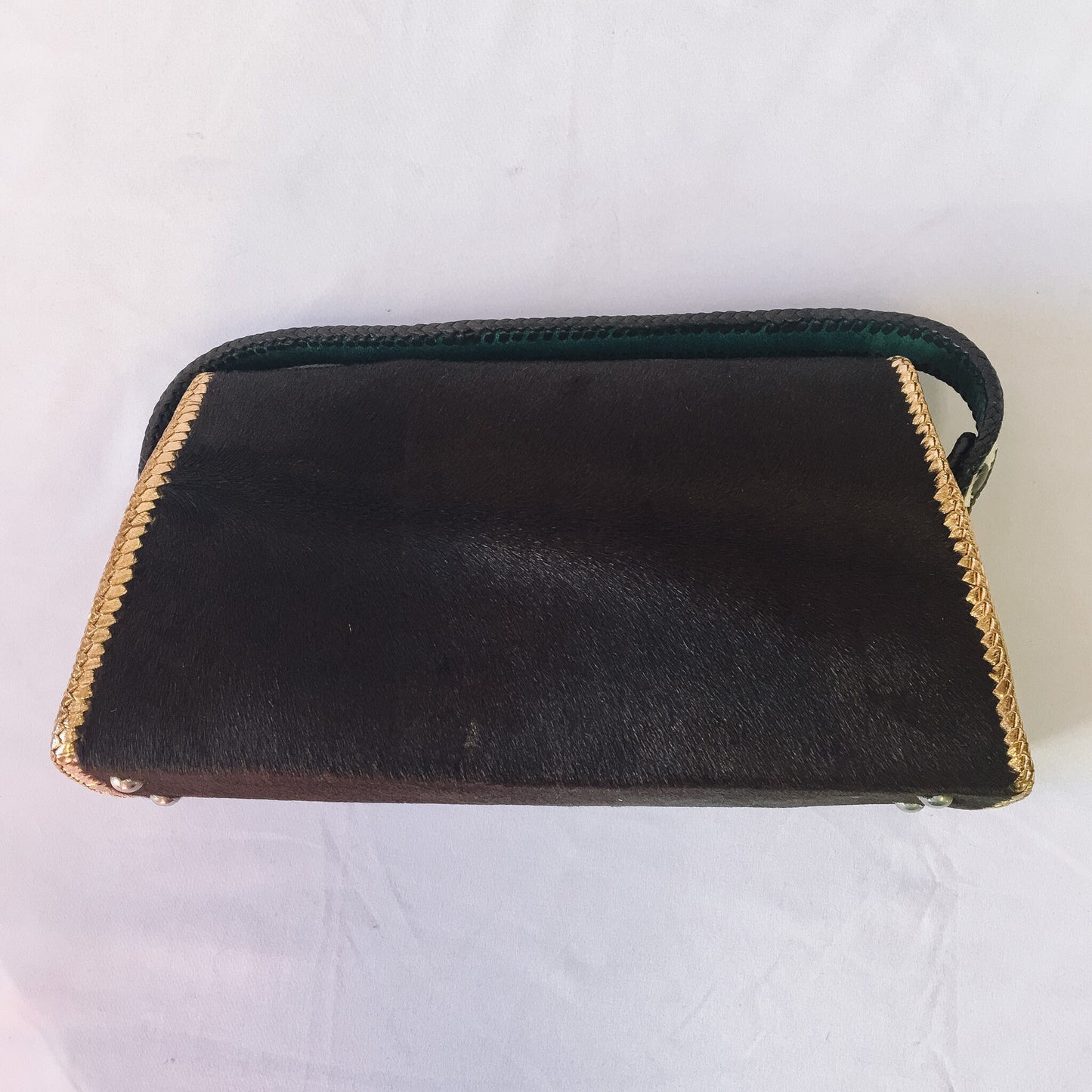 Vintage 70s Brown Spotted Cowhide and Leather Fur Shoulder Handbag and Wallet with Gold Details