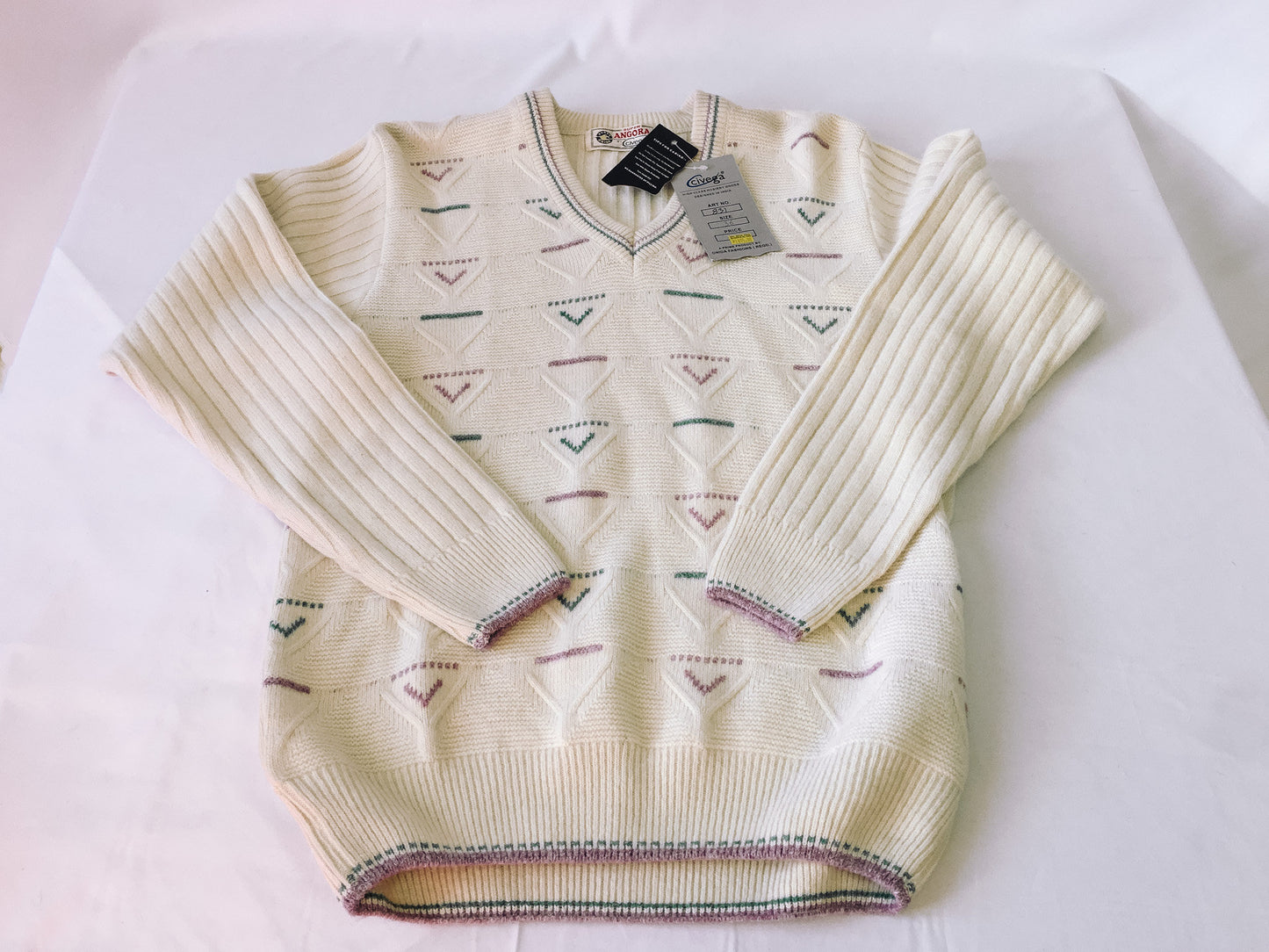 Vintage NWT Super Angora By Civega Cream Geometric Purple and Green Patterned Sweater, Vintage V-Neck Sweater, Sz. 36