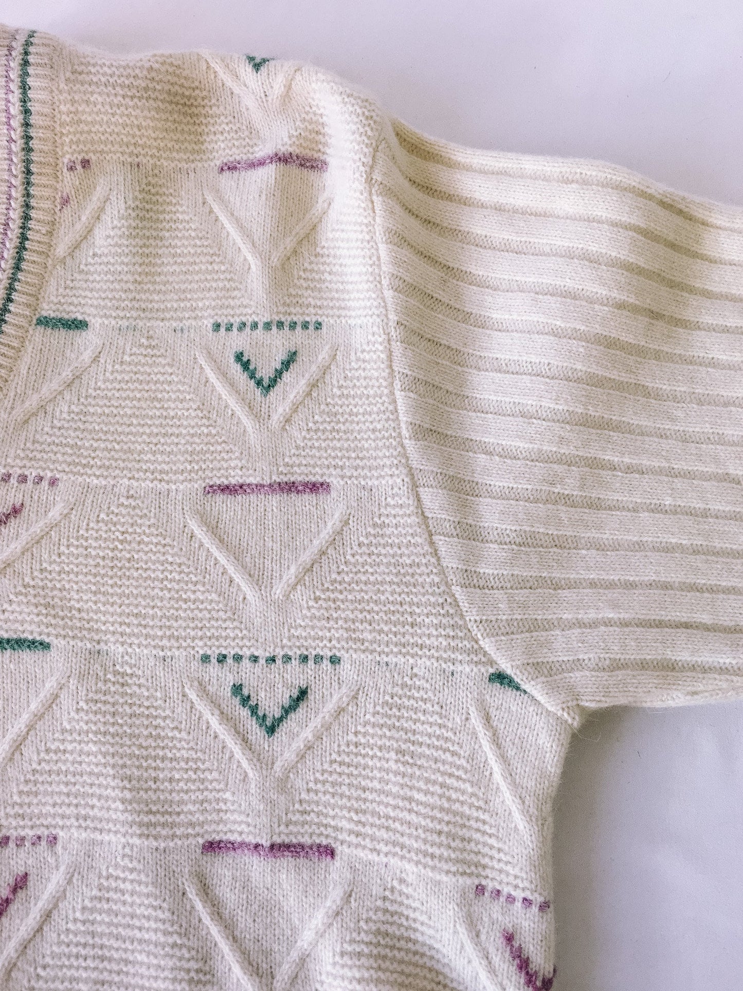 Vintage NWT Super Angora By Civega Cream Geometric Purple and Green Patterned Sweater, Vintage V-Neck Sweater, Sz. 36