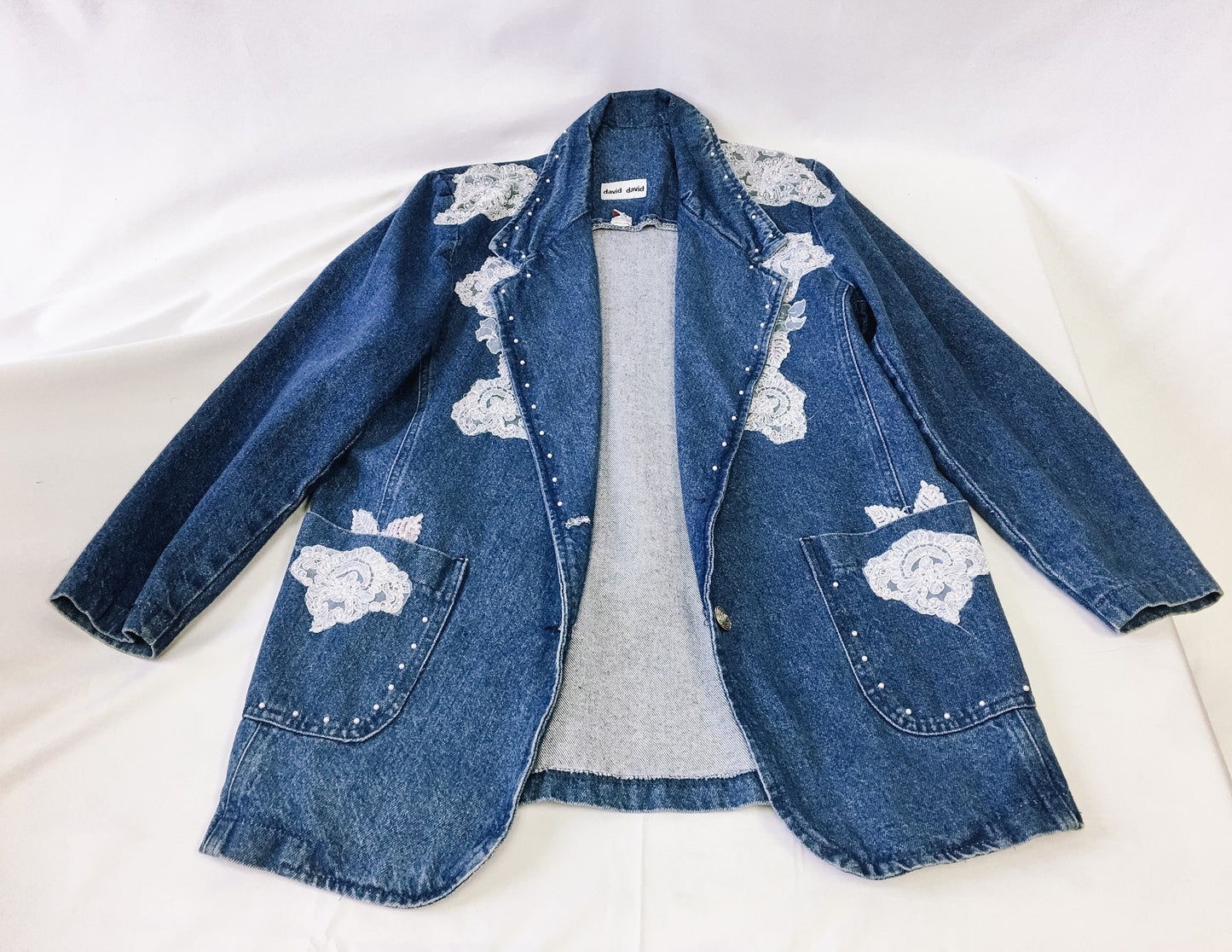Vintage David David Denim Jacket Blazer with Lace and Pearl Details, Sz. M, Made in USA