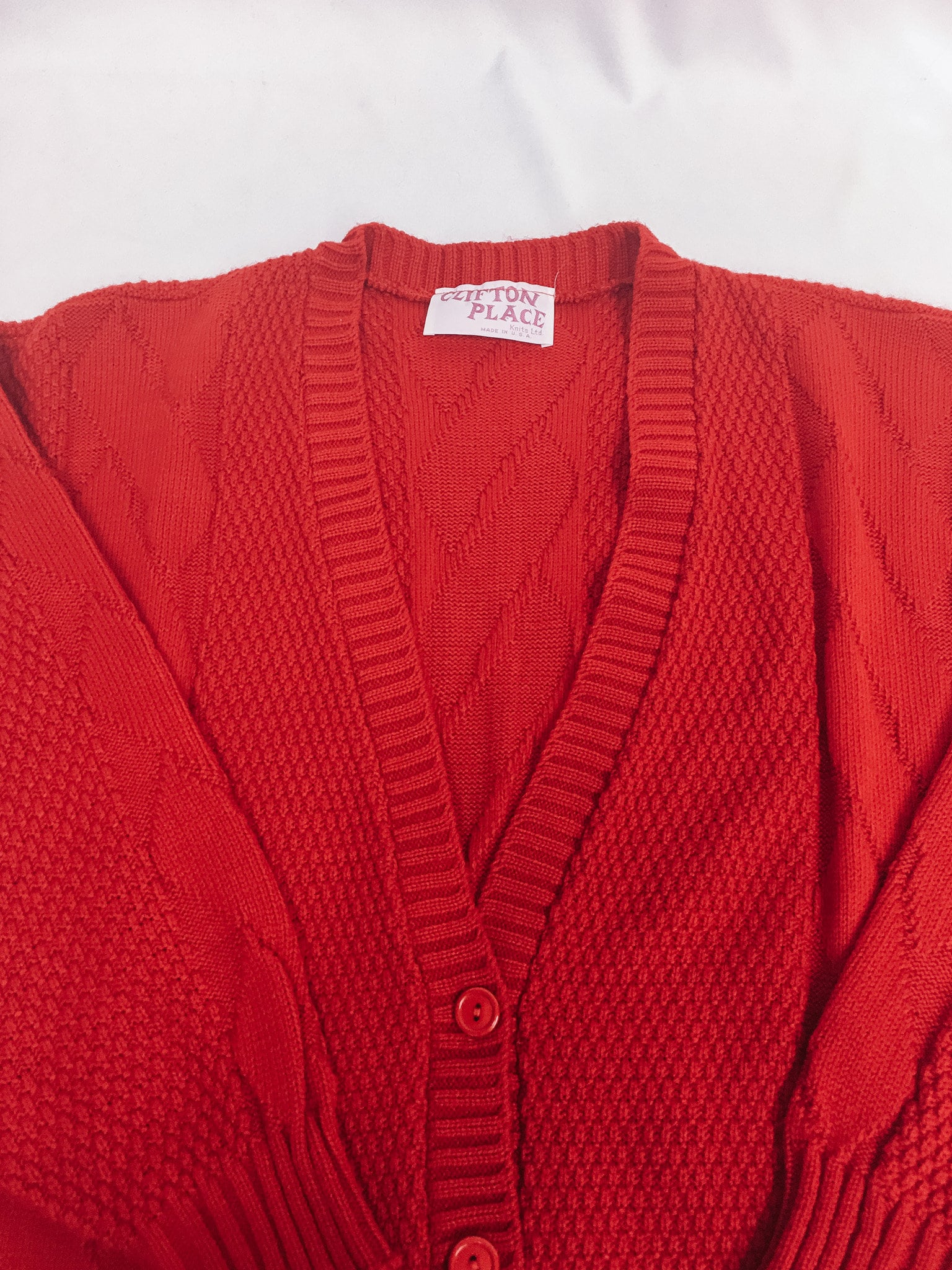 Vintage 80s Clifton Place Knits Red Cable Knit Button Up Cardigan Sweater, Made in USA