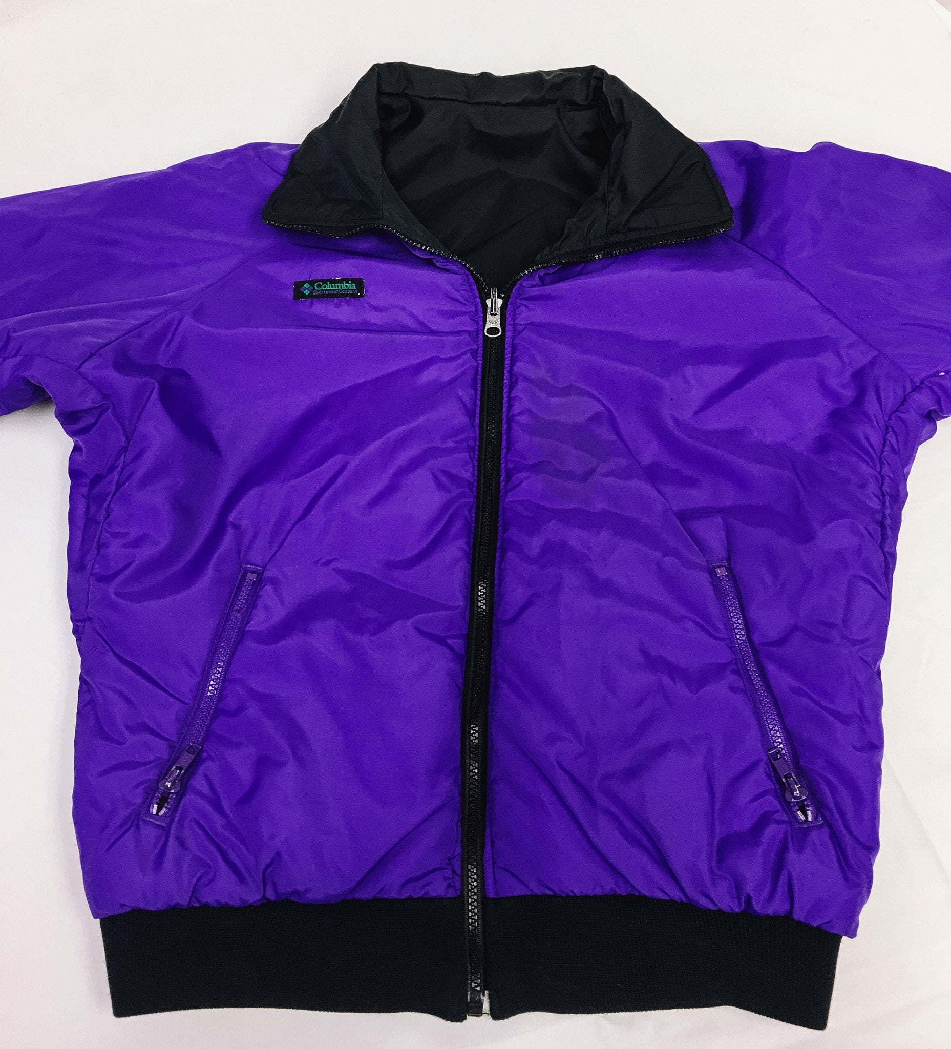 Vintage 1990s Columbia Black and Purple Reversible Radial Sleeve Full-Zip Jacket, Vintage 90s Reversible Windbreaker