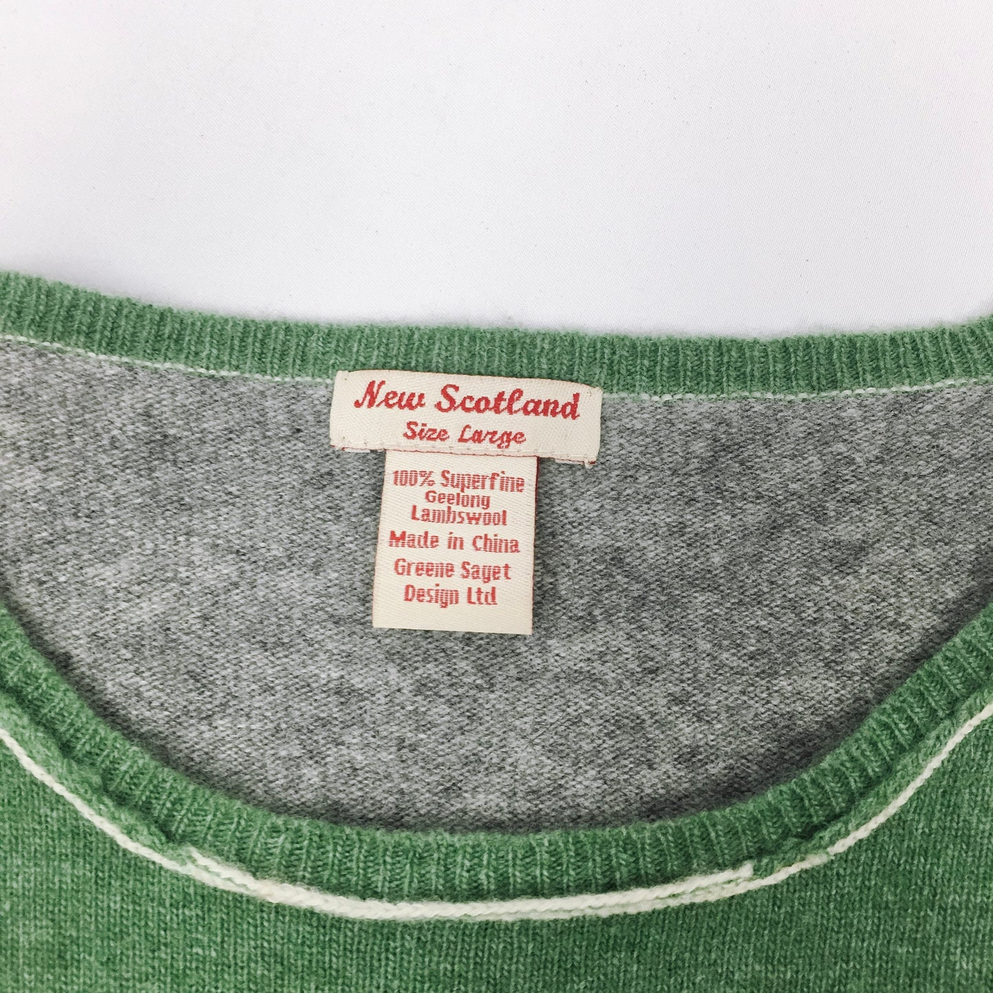 Vintage New Scotland Wool Green Gray Long Sleeve with Floral Detail, sz. L