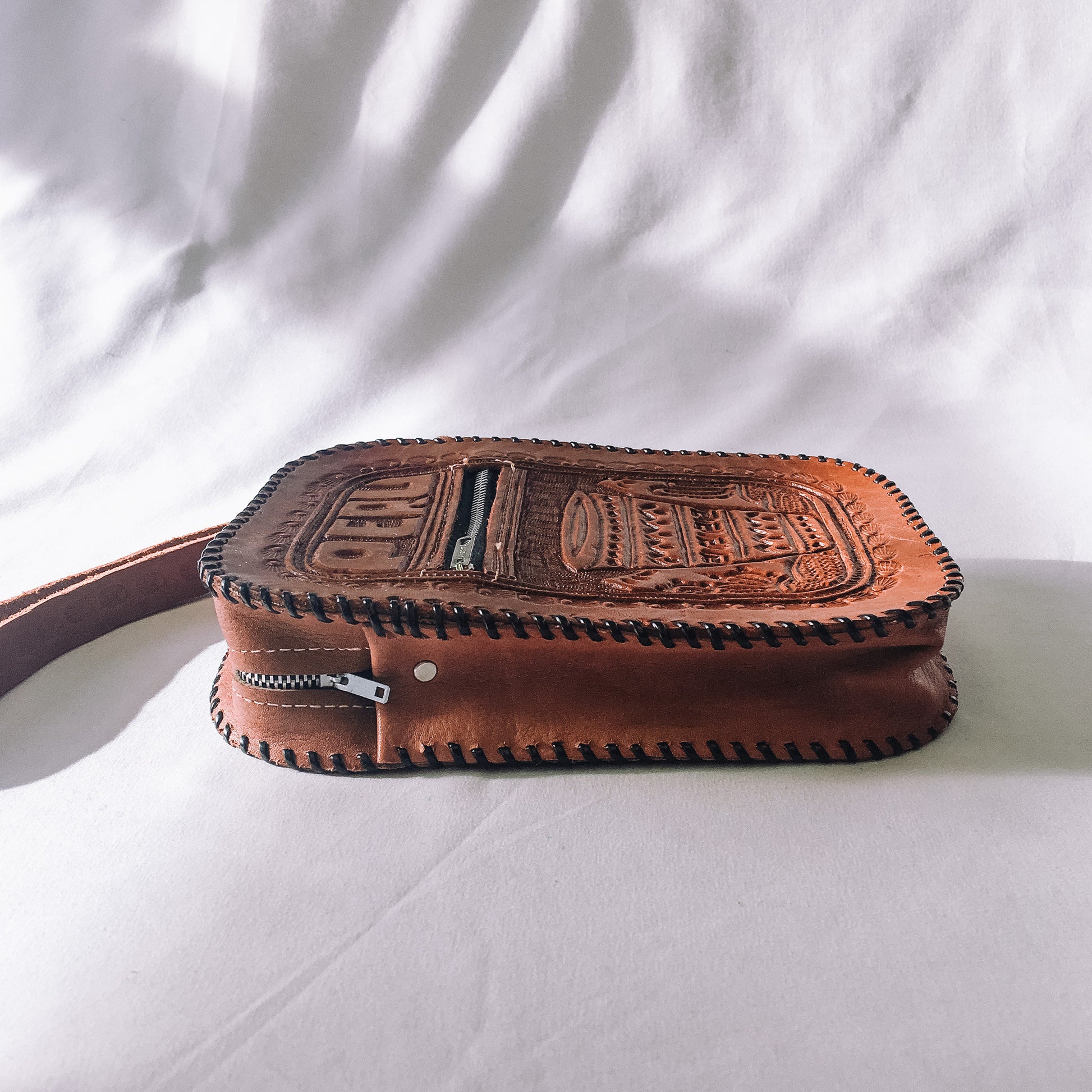 Handcrafted Vintage Brown "Peru" Engraved Tooled Leather Wristlet