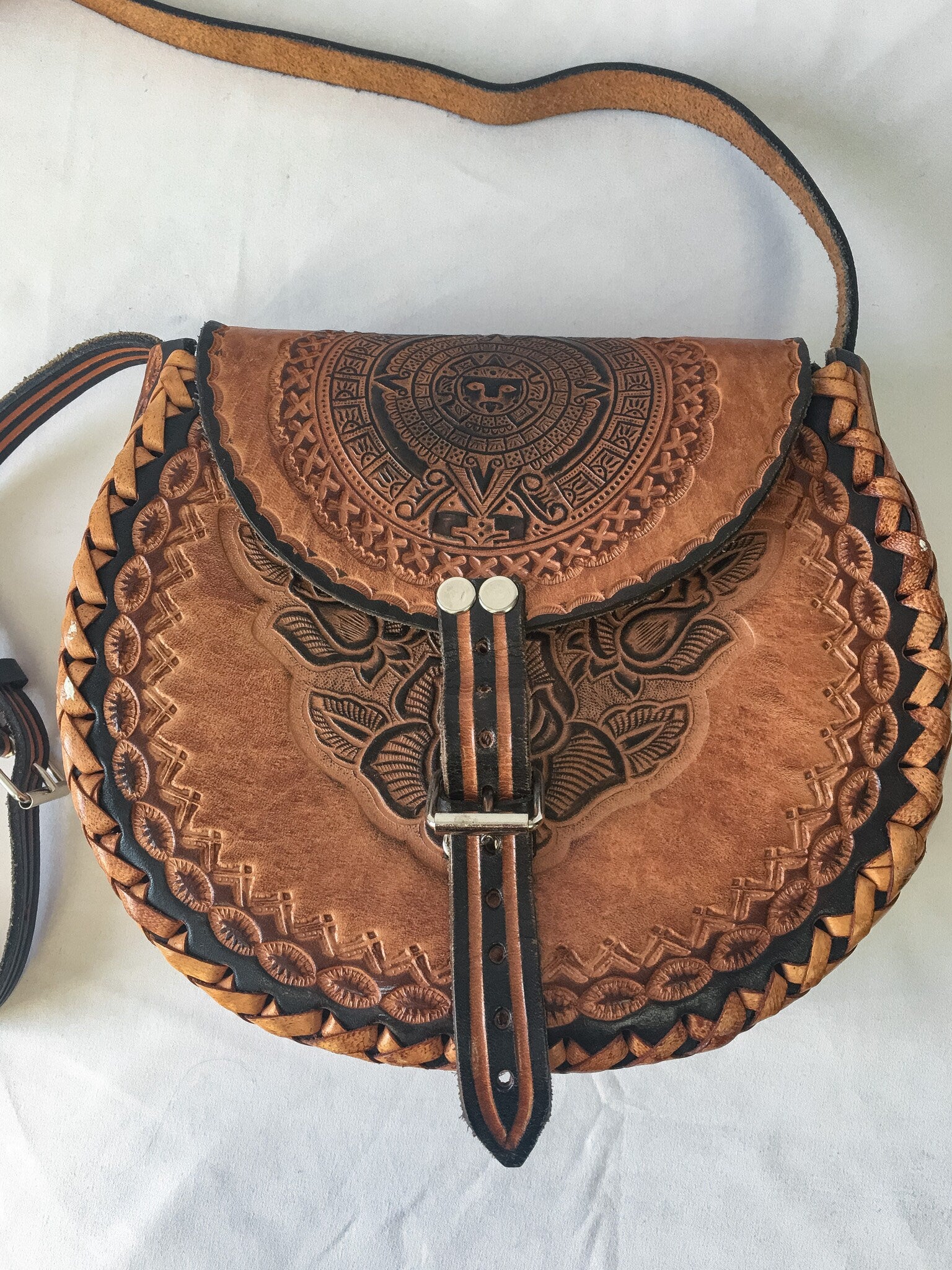 Vintage Handcrafted Engraved Brown Floral Aztec Tooled Leather Crossbody Purse, Vintage Handmade Leather Shoulder Bag