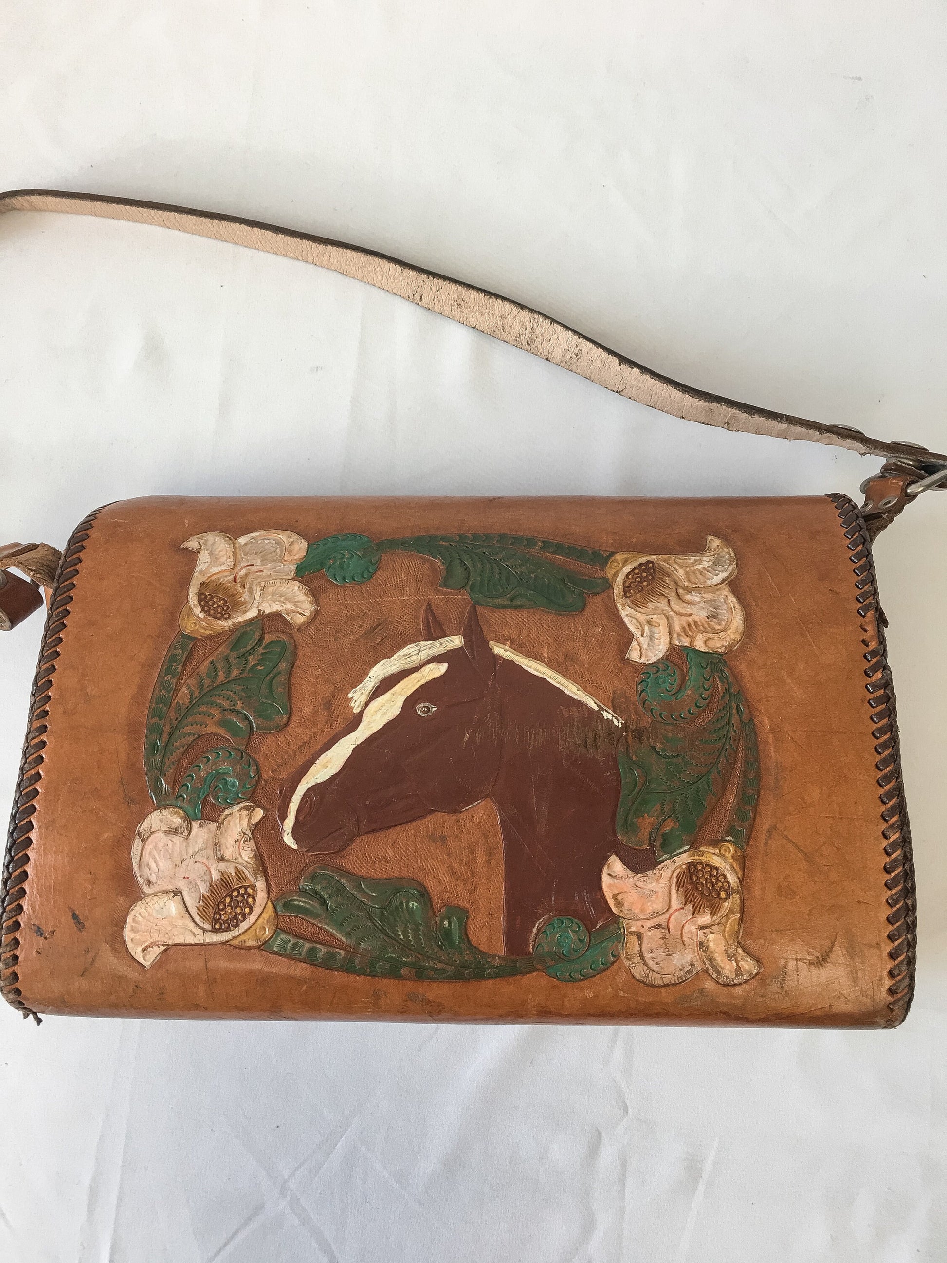 Vintage Handcrafted Brown Tooled Leather Bag with Engraved Floral and Horse Detail