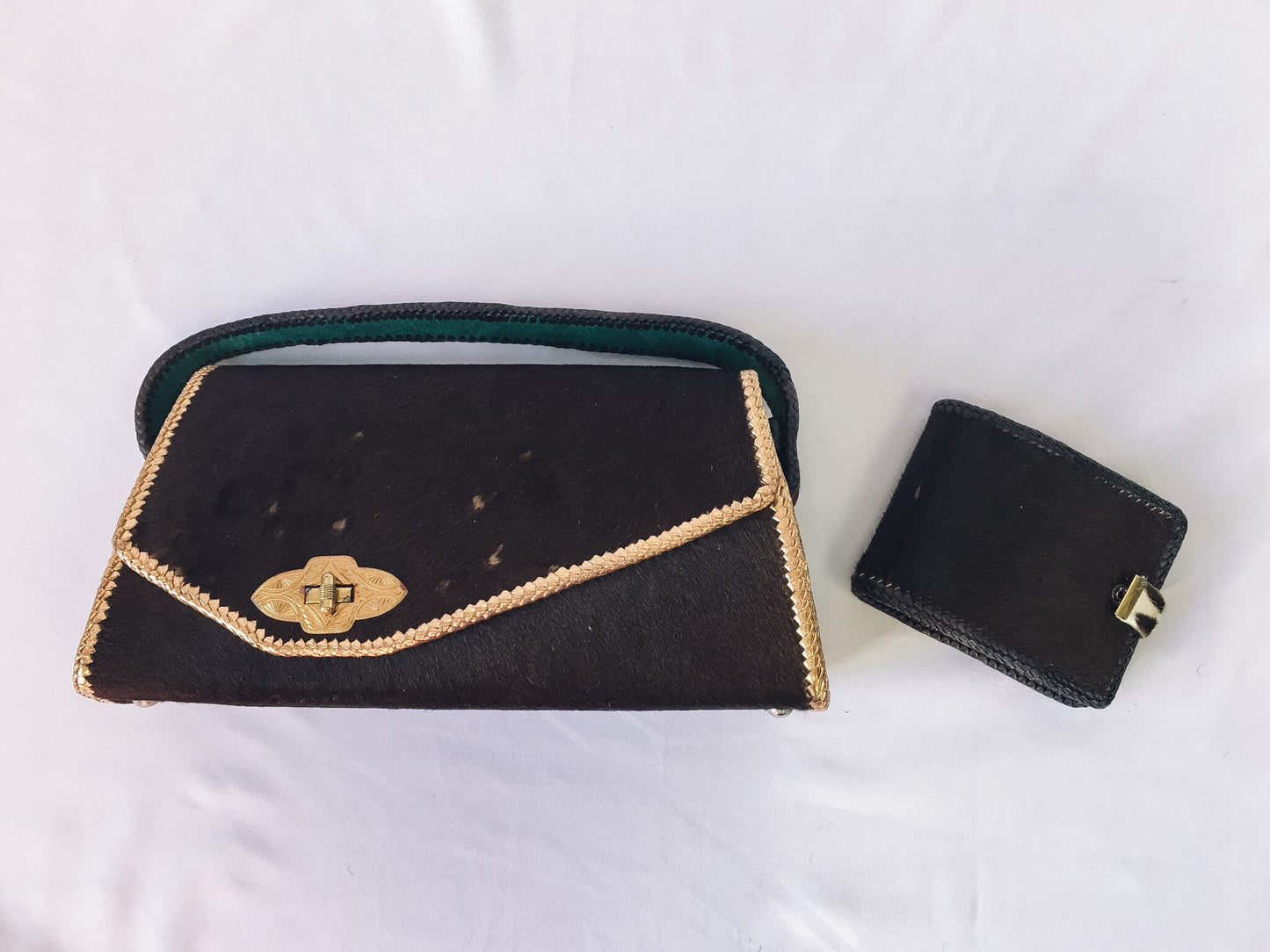 Vintage 70s Brown Spotted Cowhide and Leather Fur Shoulder Handbag and Wallet with Gold Details
