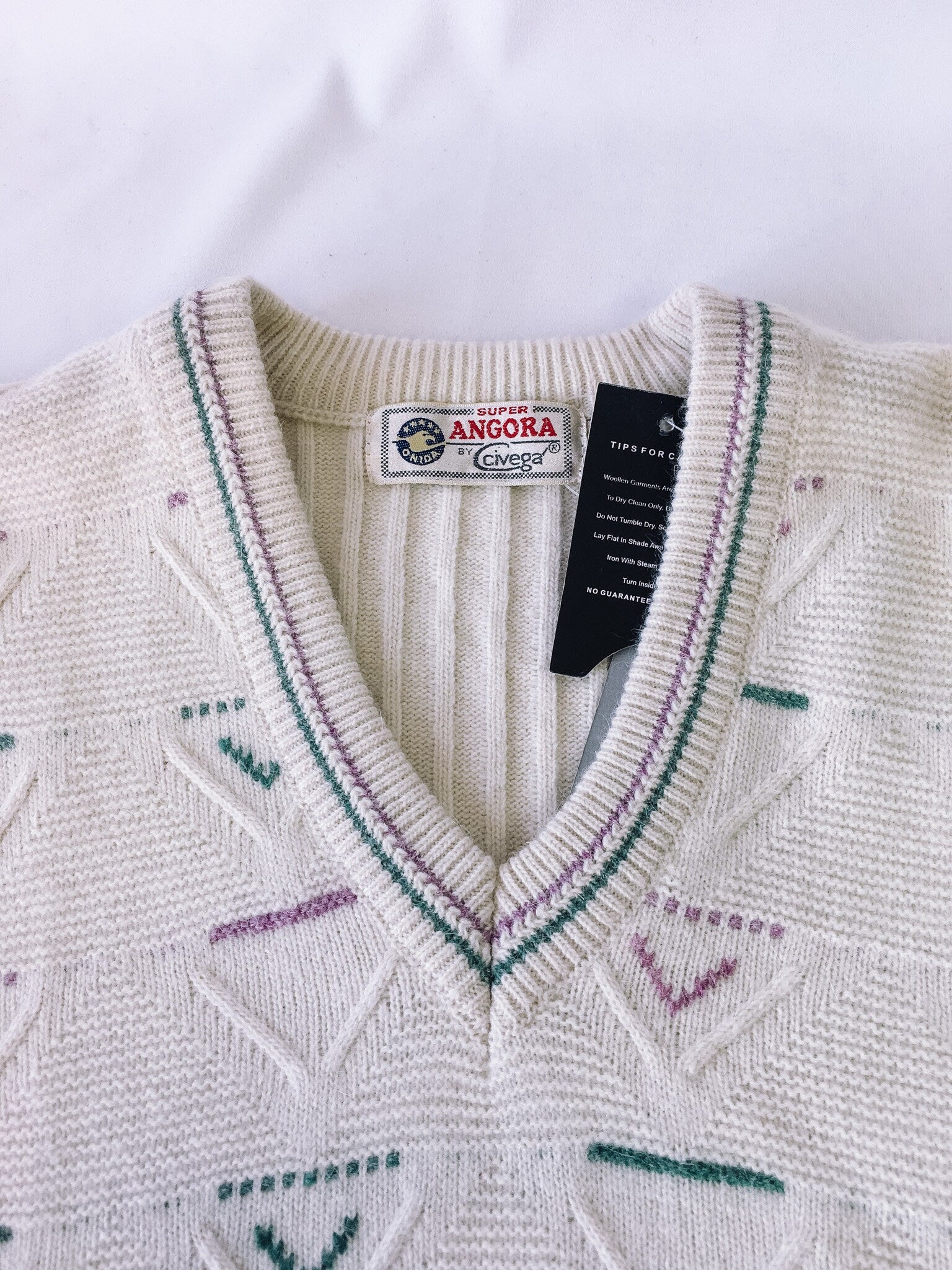 Vintage NWT Super Angora By Civega Cream Geometric Purple and Green Patterned Sweater, Vintage V-Neck Sweater, Sz. 36