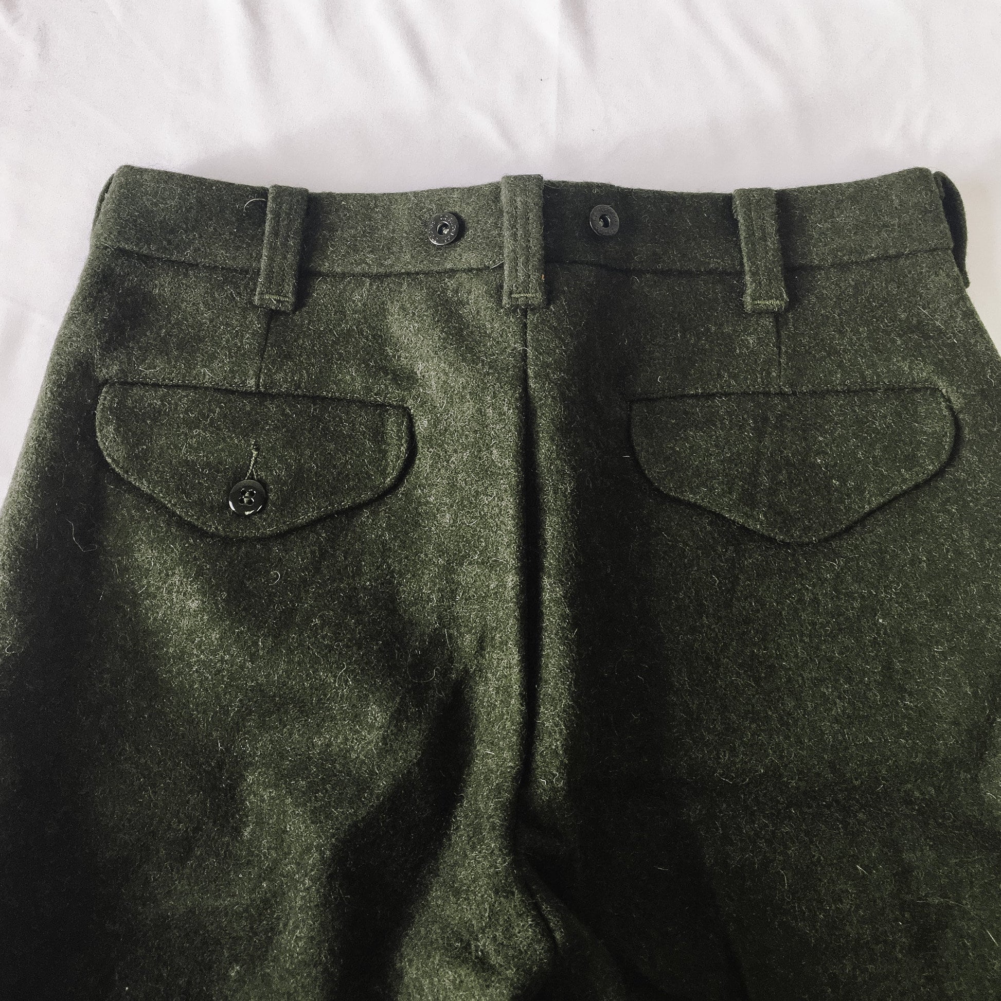 Vintage Filson Olive Green Mackinaw Heavy Wool Field Pants, Men's Sz. 34