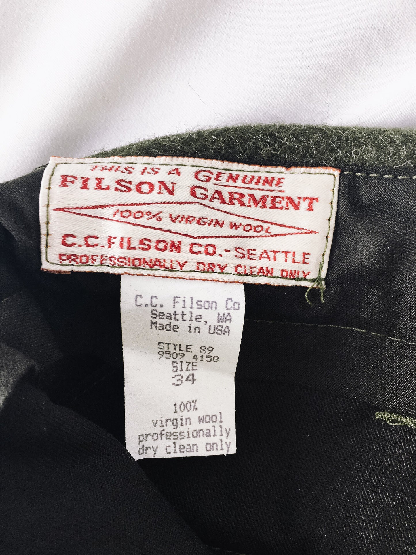 Vintage Filson Olive Green Mackinaw Heavy Wool Field Pants, Men's Sz. 34