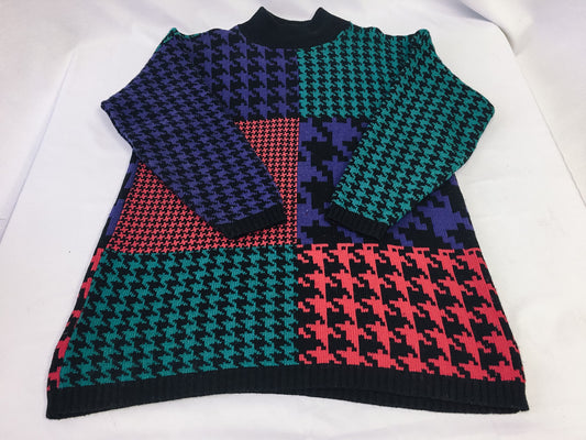 Vintage 1980s Sweater Exchange Multicolor Checker Pattern Mock Neck Sweater, 80s Grandpa Sweater, Sz. M, Made in USA