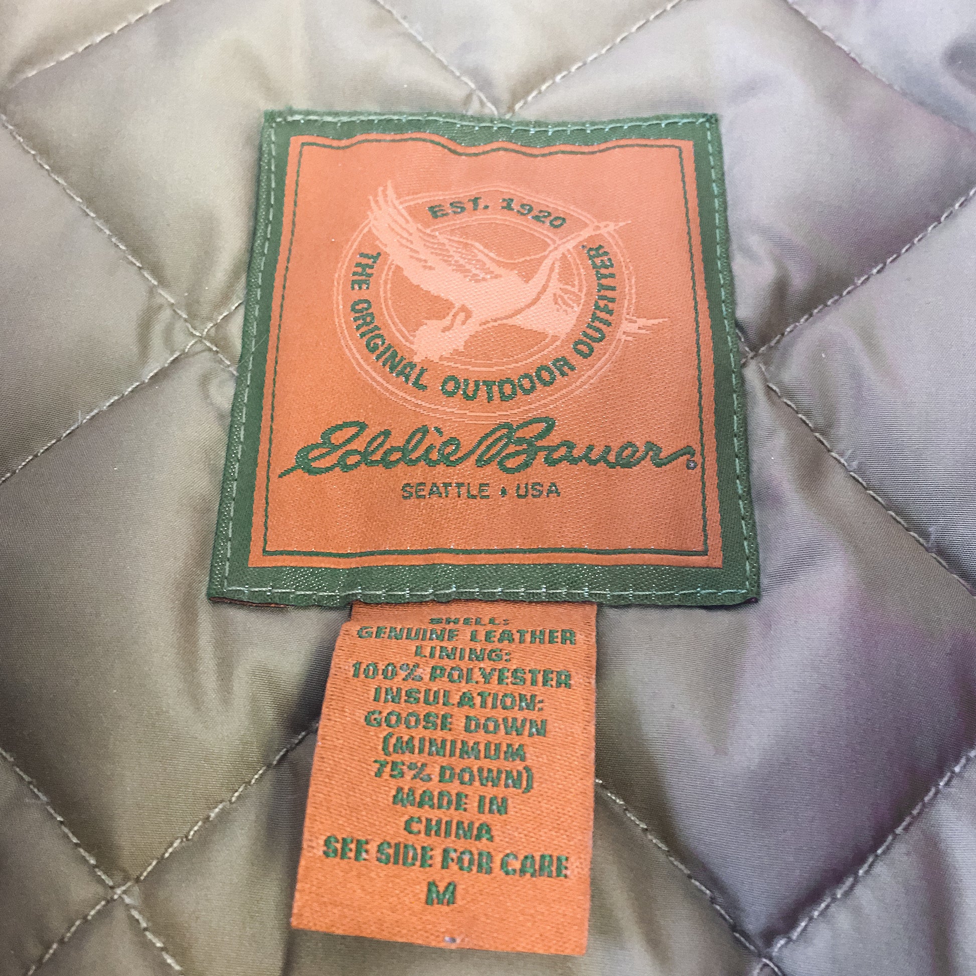 Vintage Eddie Bauer Tan/Light Brown Goose Down Leather Bomber Jacket, Sz. M