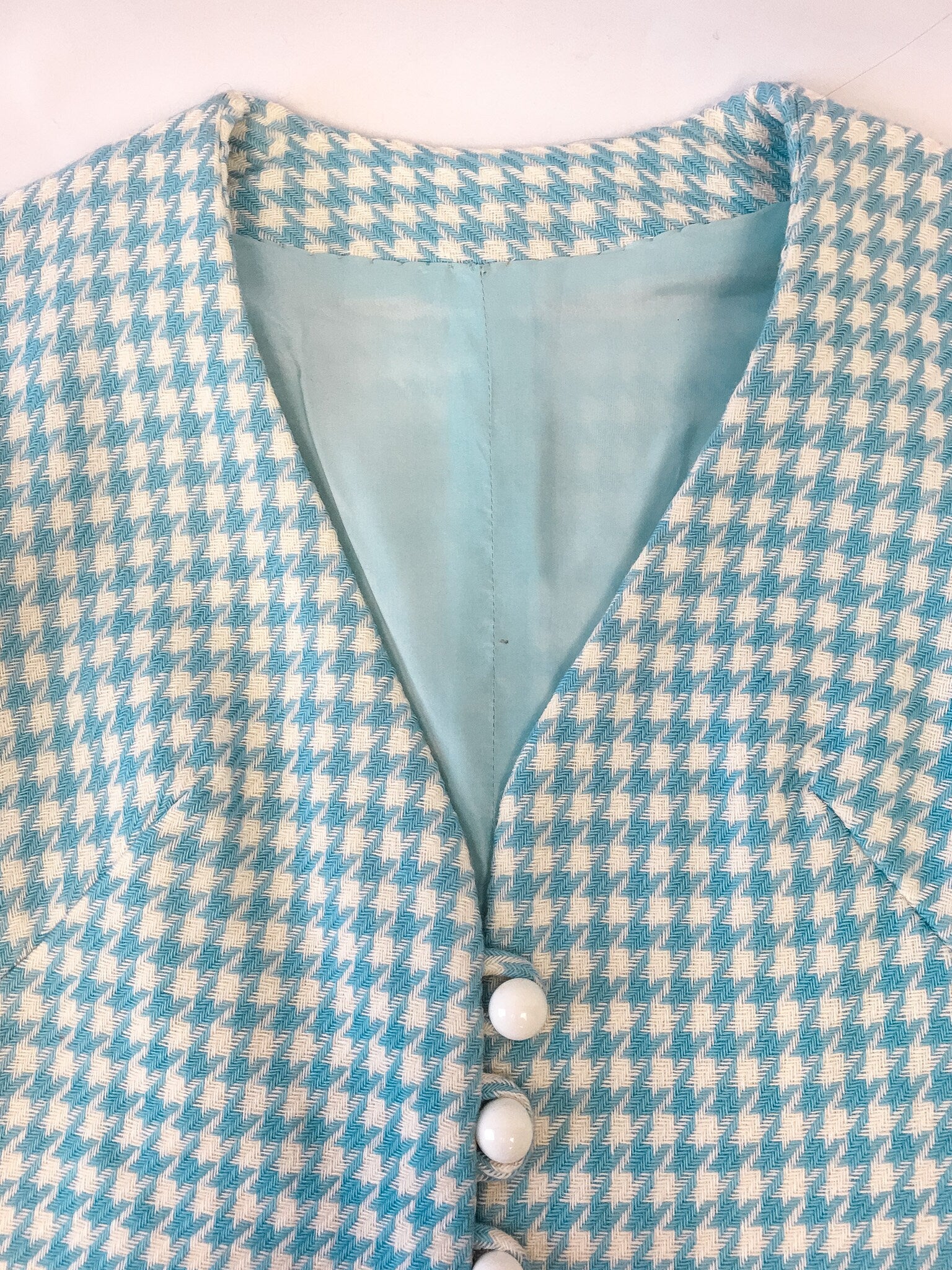 Handmade Vintage 60s/70s Baby Blue Houndstooth Patterned Long Coat, Vintage 60s/70s Overcoat Jacket