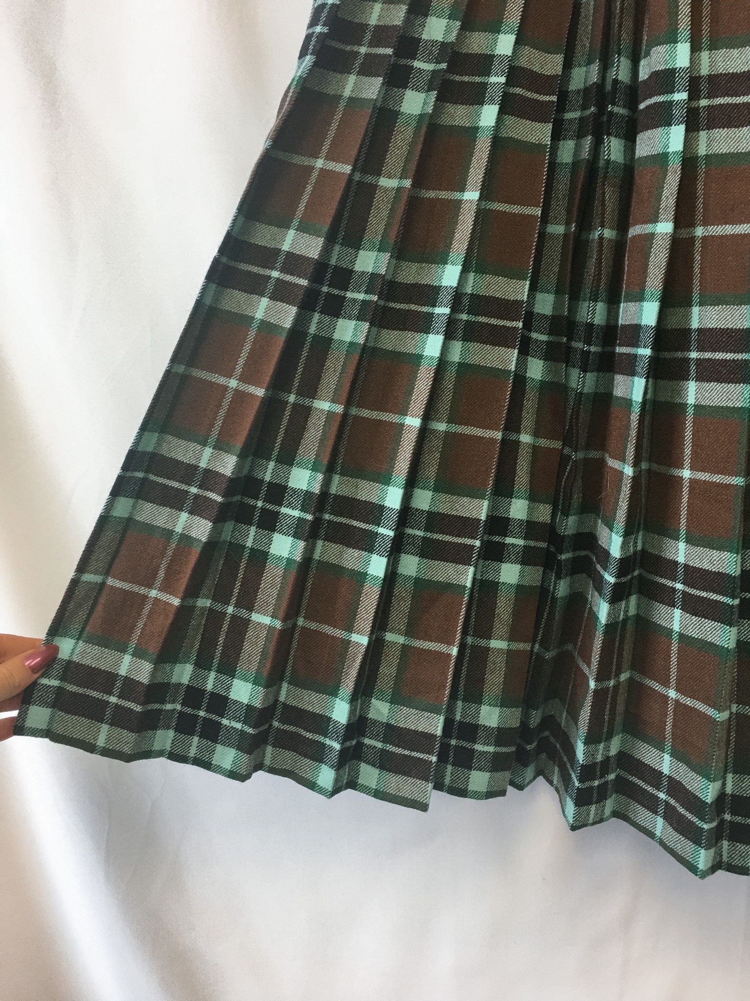 Vintage The Scotch House London Pure Wool Brown and Teal Kilt, Sz. 10, Made in Scotland