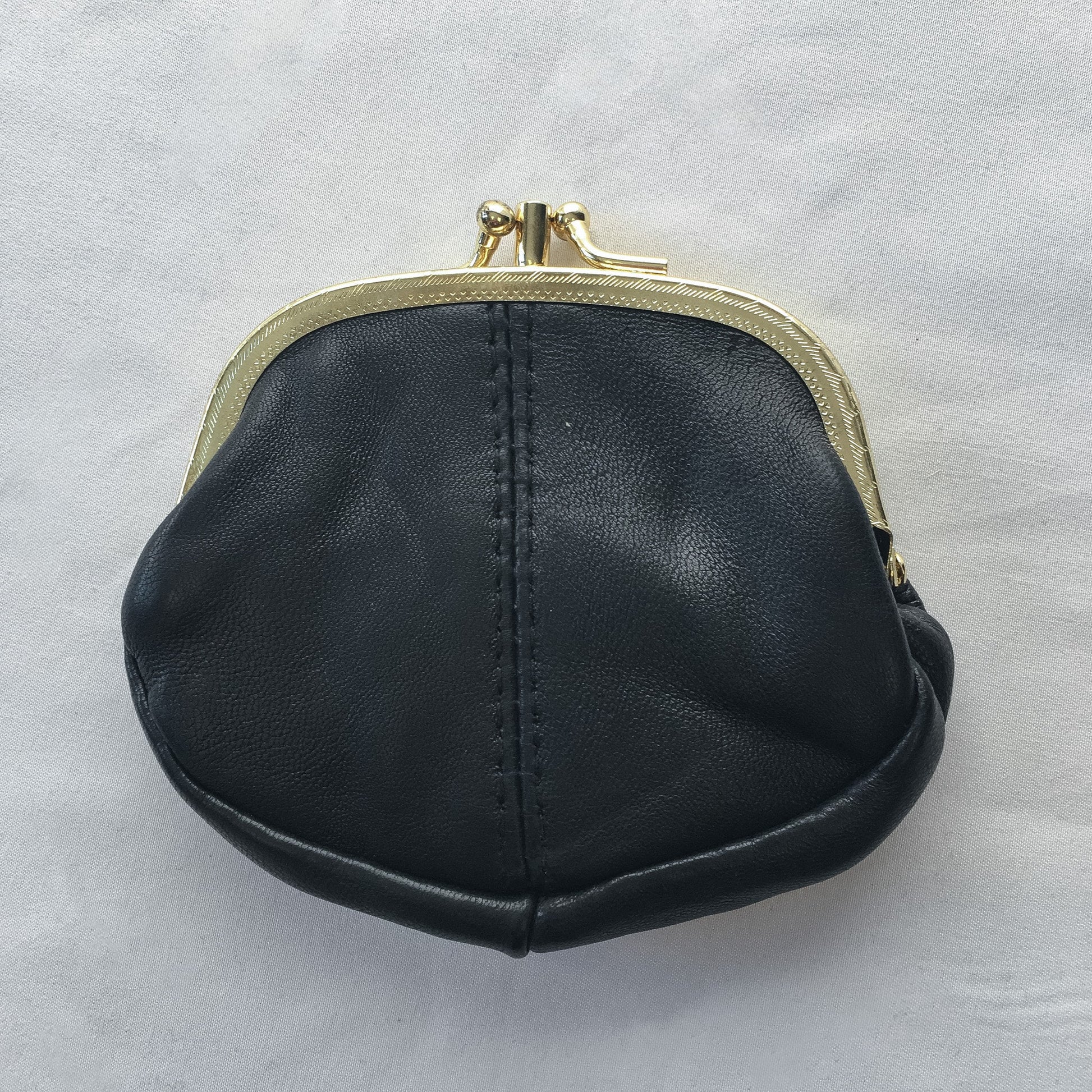 Vintage Black Two-Pocket Faux Leather Coin Purse with Gold Metal Enclosure