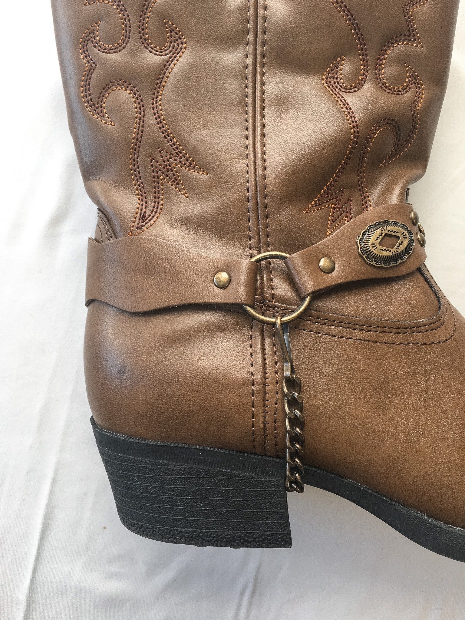 Vintage Laredo Brown Faux Leather Cowboy Boots with Gold Metal Embellishments and Chain Detail, Youth Sz. 6D, Women's Sz. 7.5