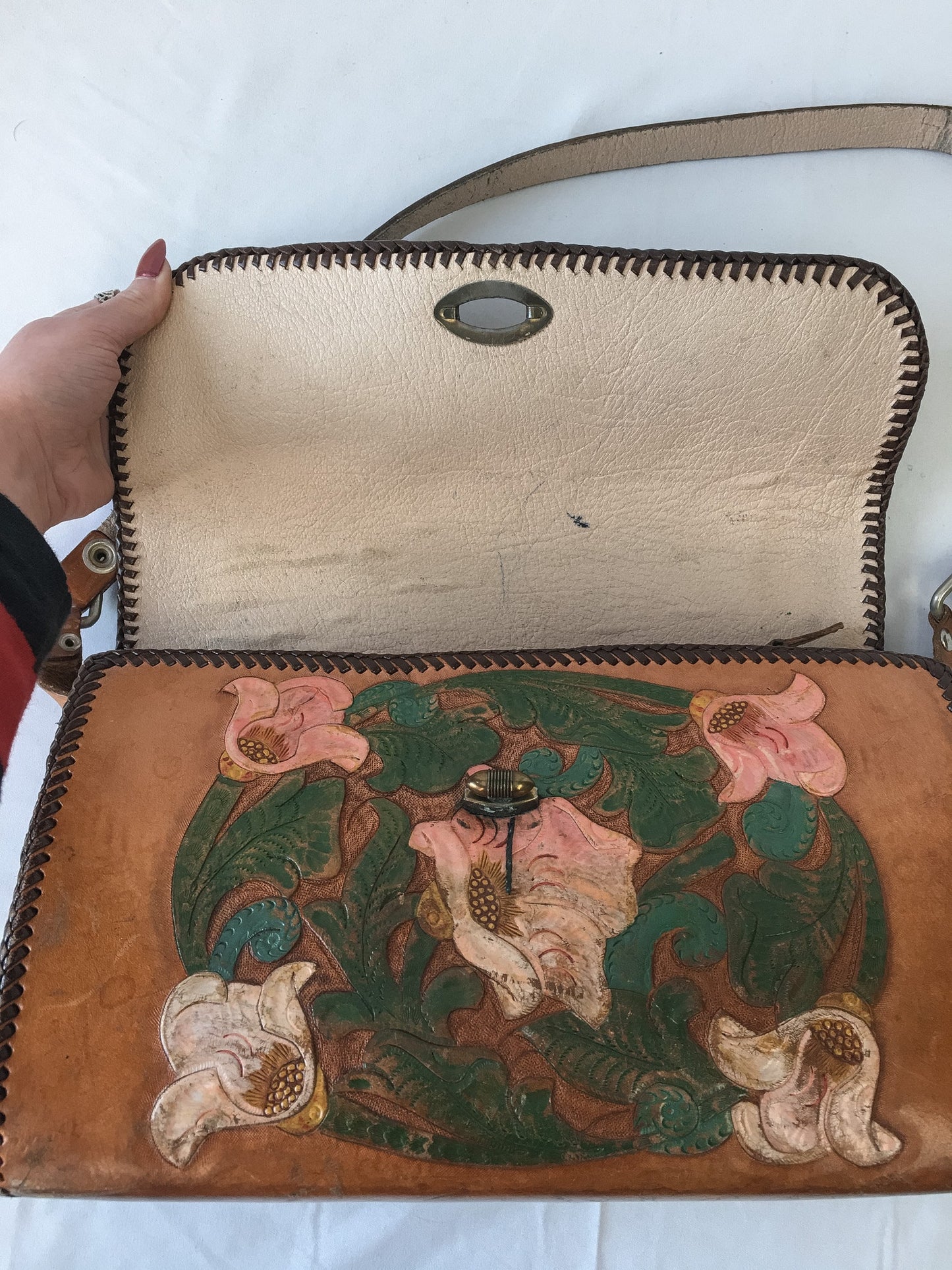 Vintage Handcrafted Brown Tooled Leather Bag with Engraved Floral and Horse Detail