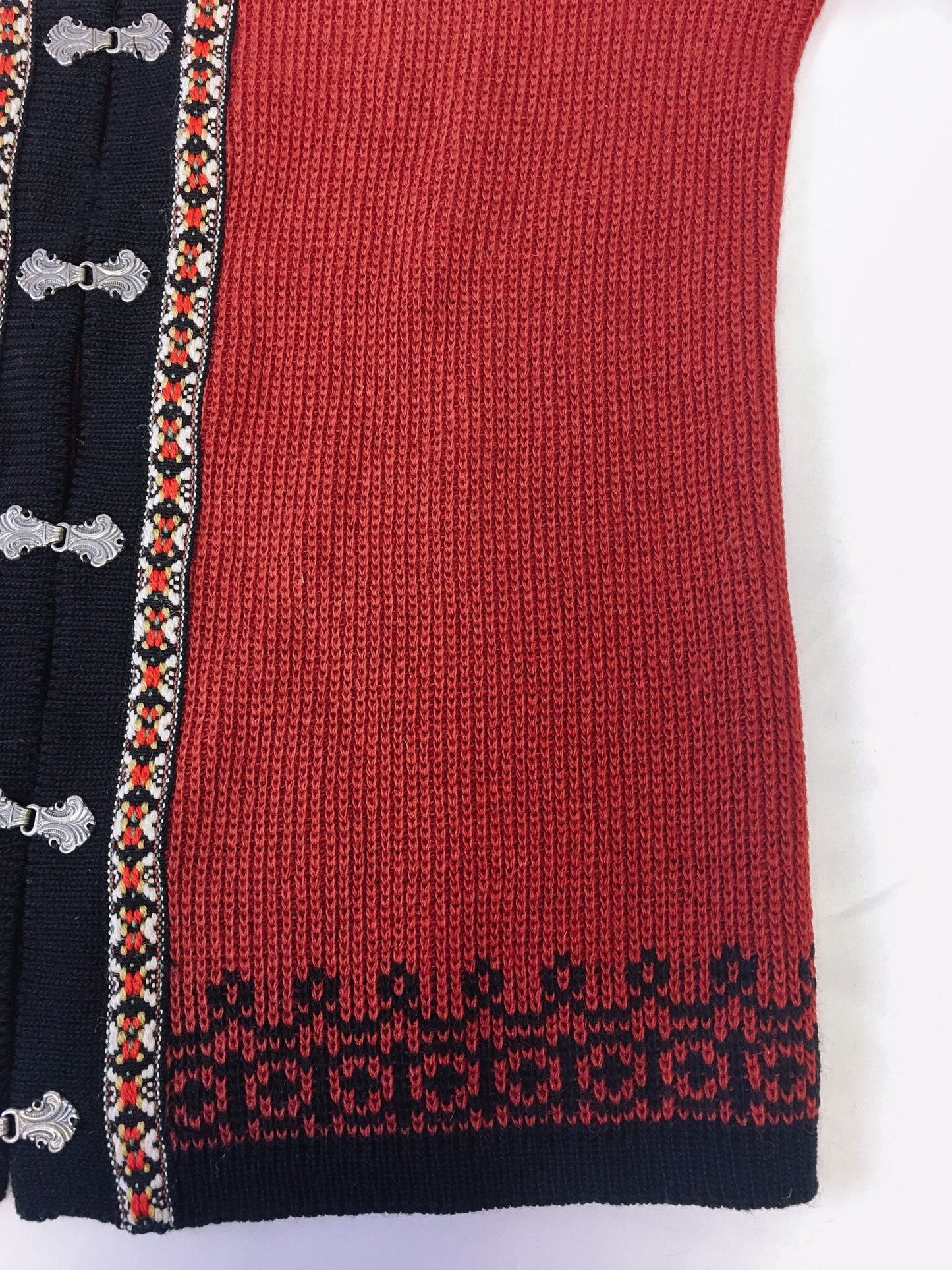 Vintage 90s Nordstrikk Red & Black Embroidered Wool Cardigan With Metal Clasp Enclosure, Vintage Nordic Cardigan Sweater, Made in Norway