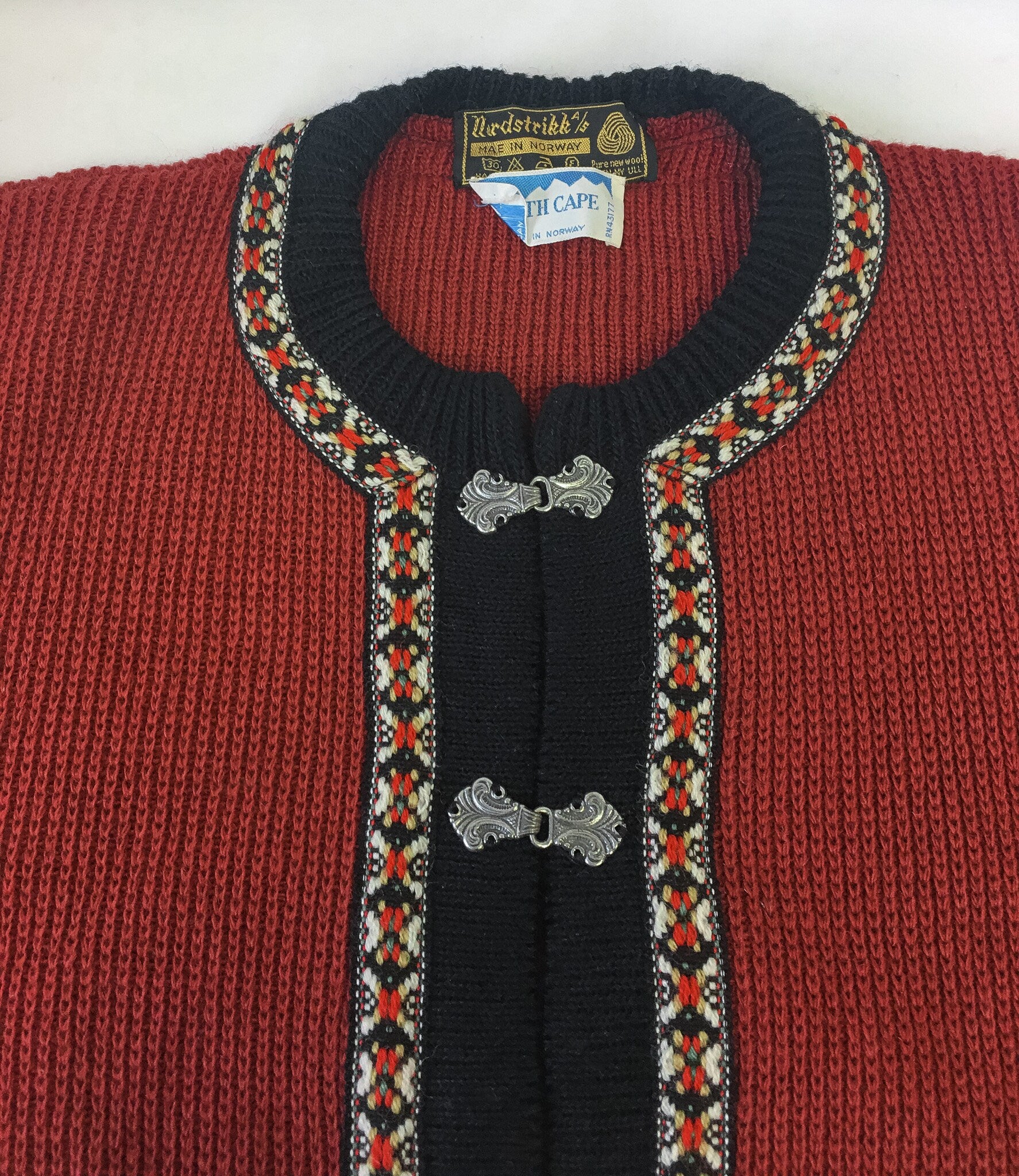 Vintage 90s Nordstrikk Red & Black Embroidered Wool Cardigan With Metal Clasp Enclosure, Vintage Nordic Cardigan Sweater, Made in Norway
