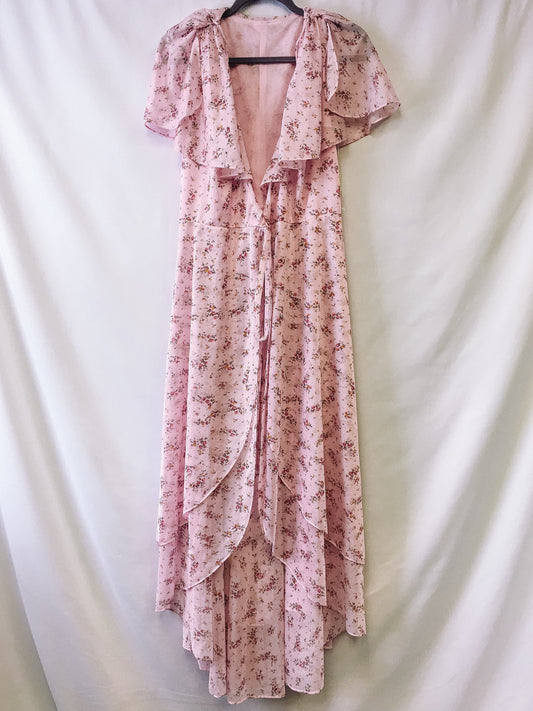 Vintage NWT S.H & Co. 70s Baby Pink Floral Tiered Open-Front Dress with Adjustable Belt, Vintage Sz. 11, Made in USA