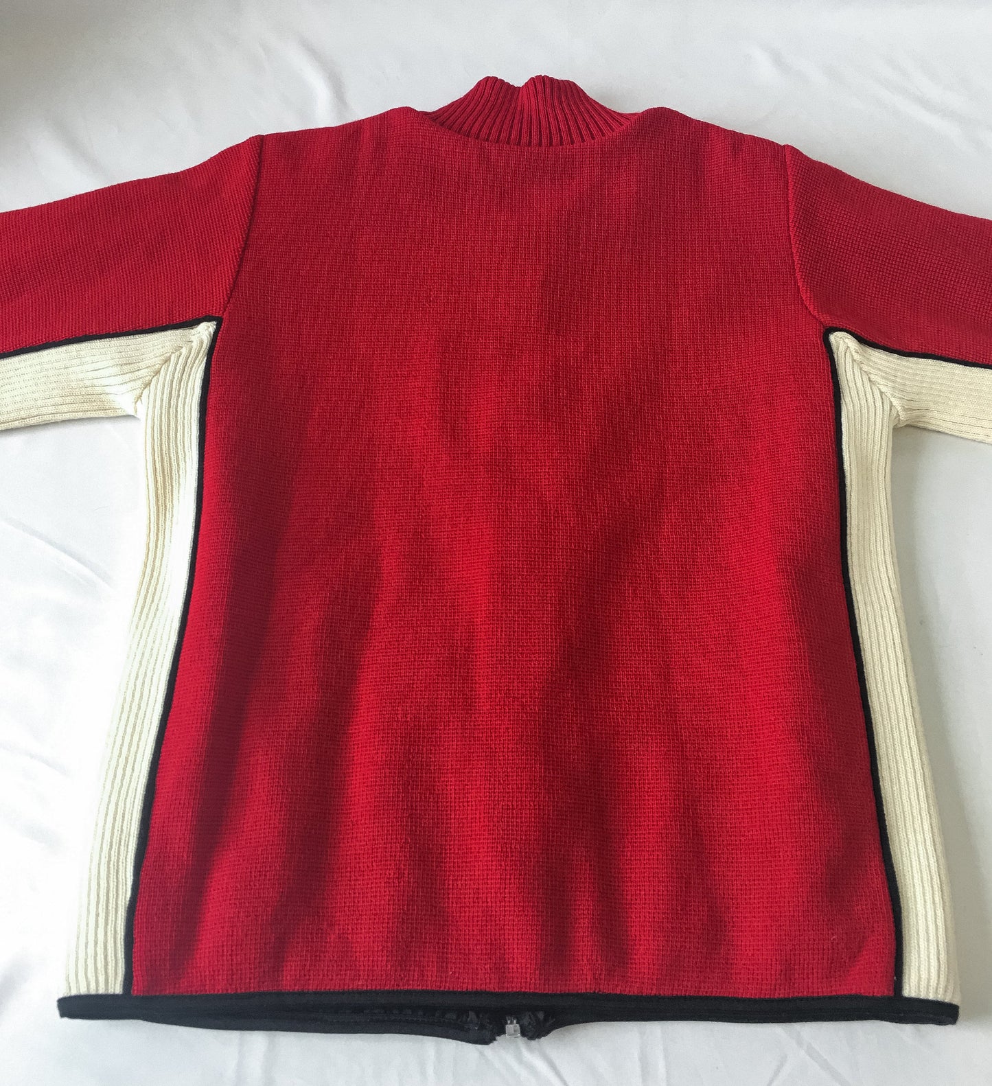 Vintage Norskwear Red & Cream/Off-White 100% Wool Zip-Up Sweater, Sz. S, Made in Norway