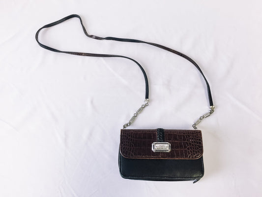 Vintage Brighton Black & Brown Leather Snake Skin Crossbody Purse with Silver Metal Accents