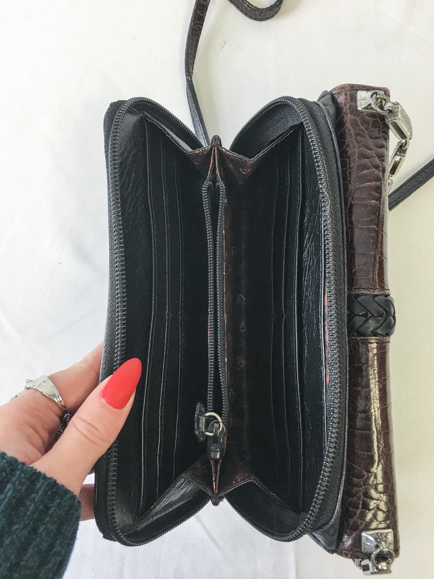 Vintage Brighton Black & Brown Leather Snake Skin Crossbody Purse with Silver Metal Accents