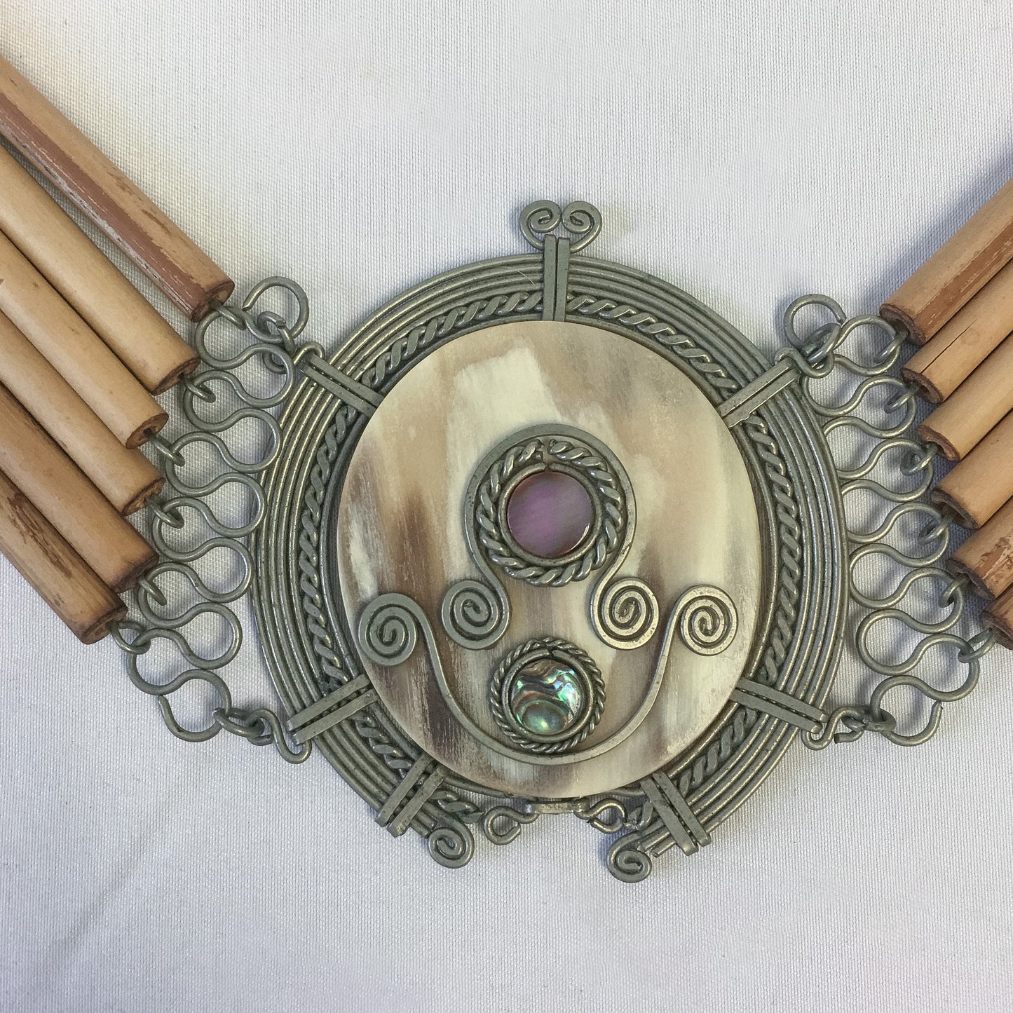 Vintage Handcrafted Wooden Cylindrical Belt with Silver Toned Metal and Stone Buckle, Boho Style Chain Belt
