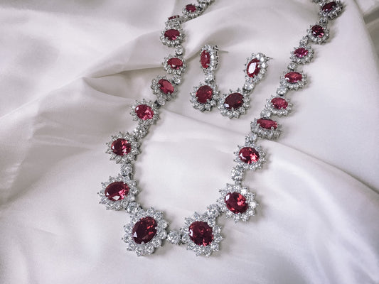 Vintage STAUER 925 Ruby and Rhinestone Necklace and Earring Set, Vintage Silver and Ruby Set