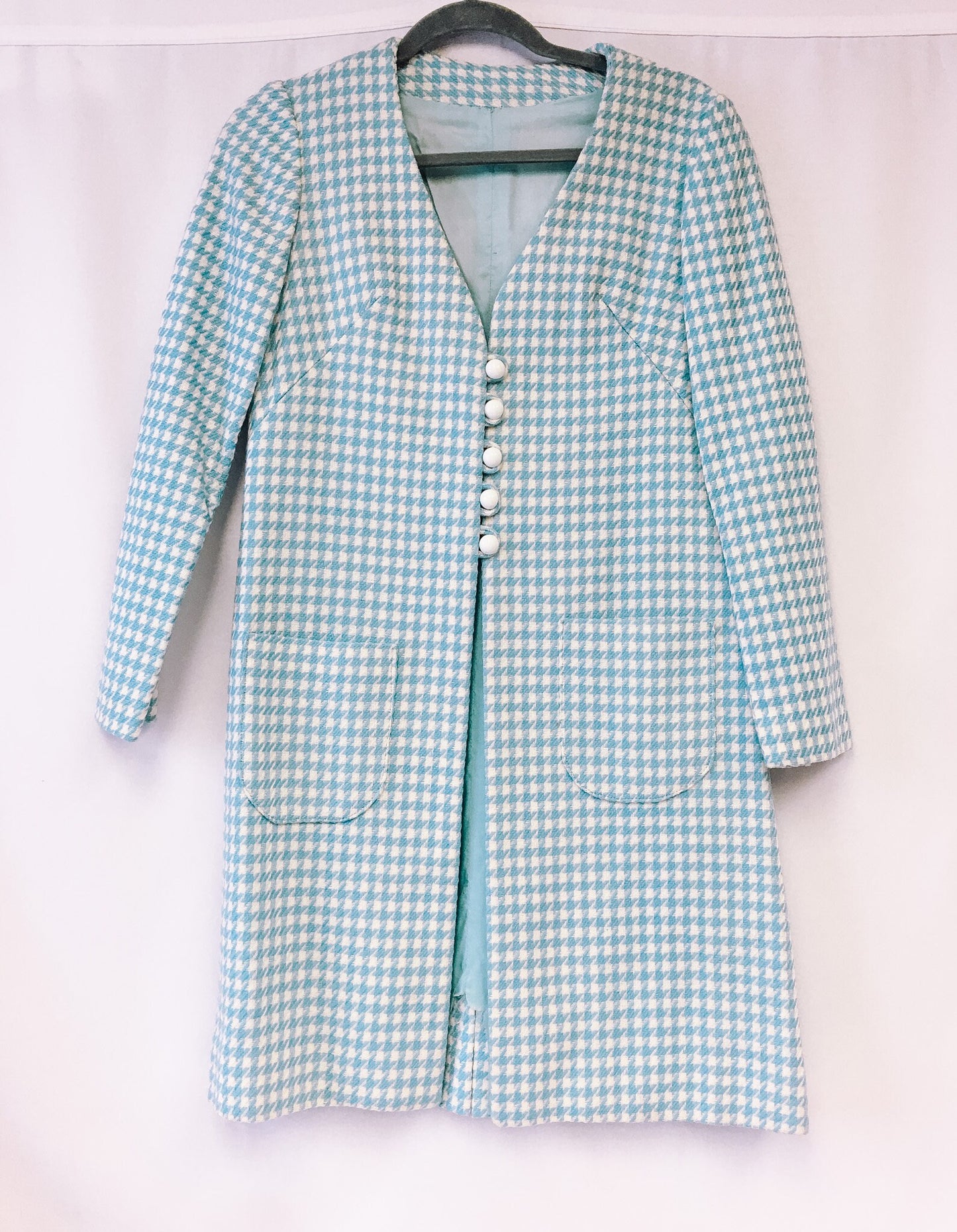 Handmade Vintage 60s/70s Baby Blue Houndstooth Patterned Long Coat, Vintage 60s/70s Overcoat Jacket