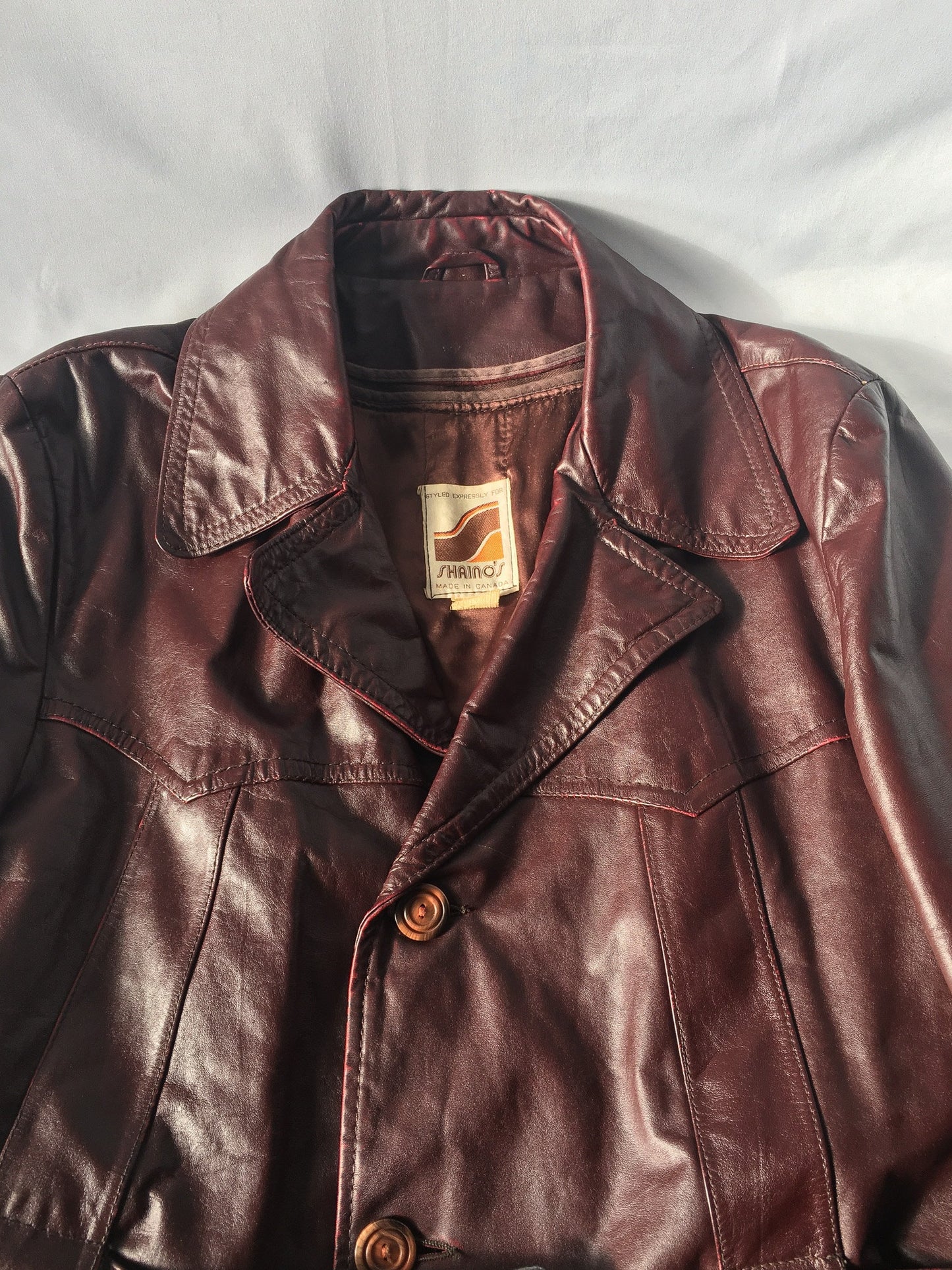 Vintage 70s Shaino's Burgundy/Dark Red Leather Jacket with Adjustable Belt, 1970s Genuine Leather Jacket, Sz. 44