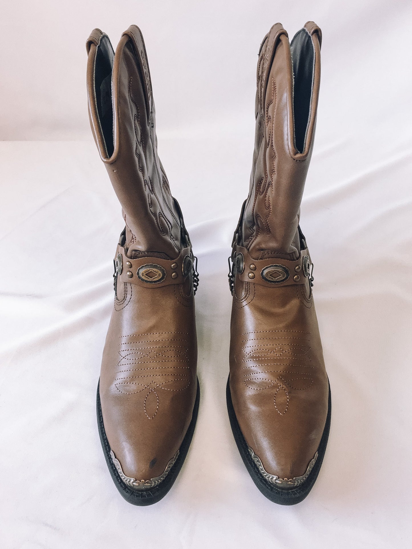 Vintage Laredo Brown Faux Leather Cowboy Boots with Gold Metal Embellishments and Chain Detail, Youth Sz. 6D, Women's Sz. 7.5