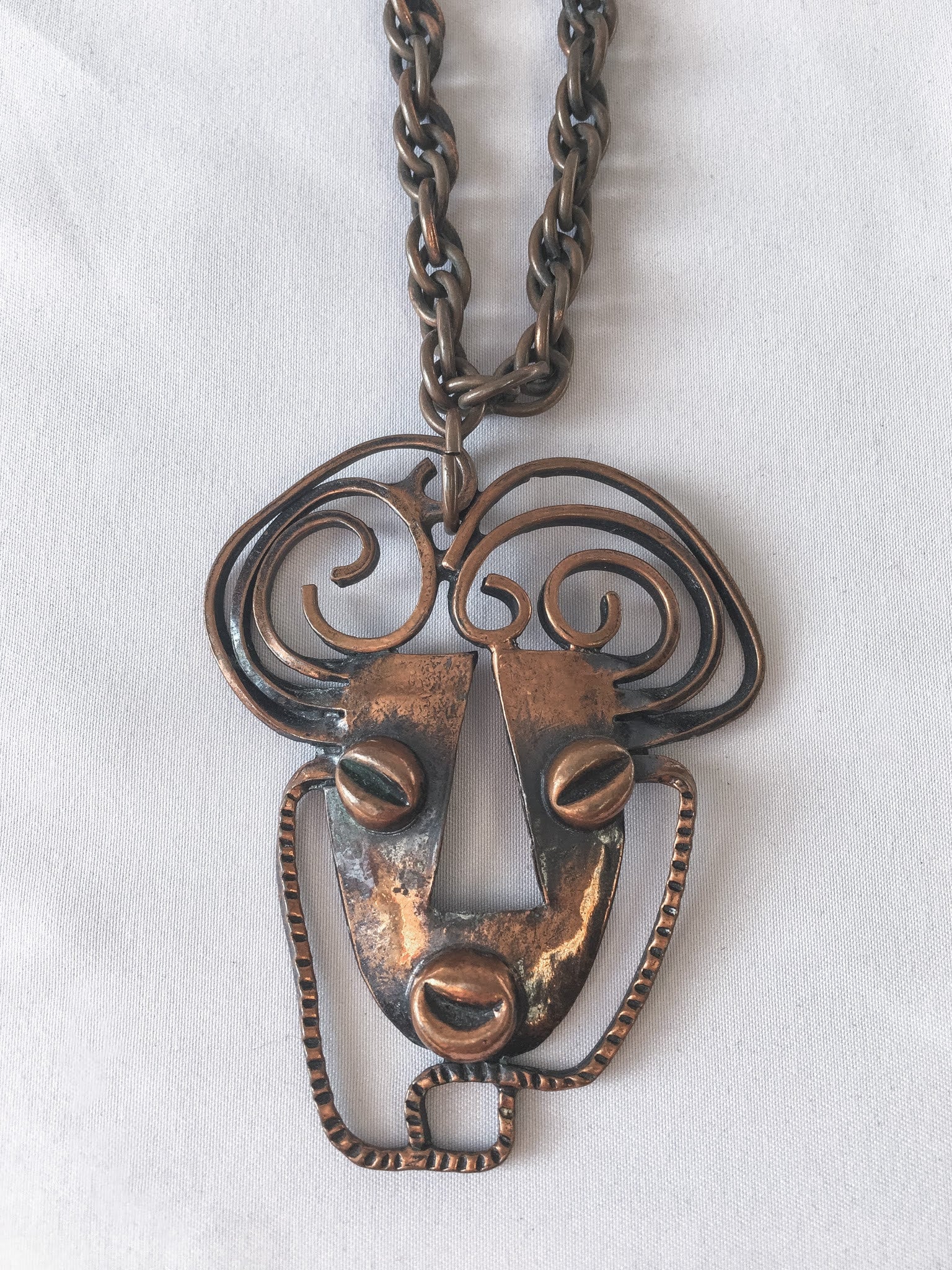 Vintage Rebaje Copper Brutalist African Necklace and Screw Back Earrings Set
