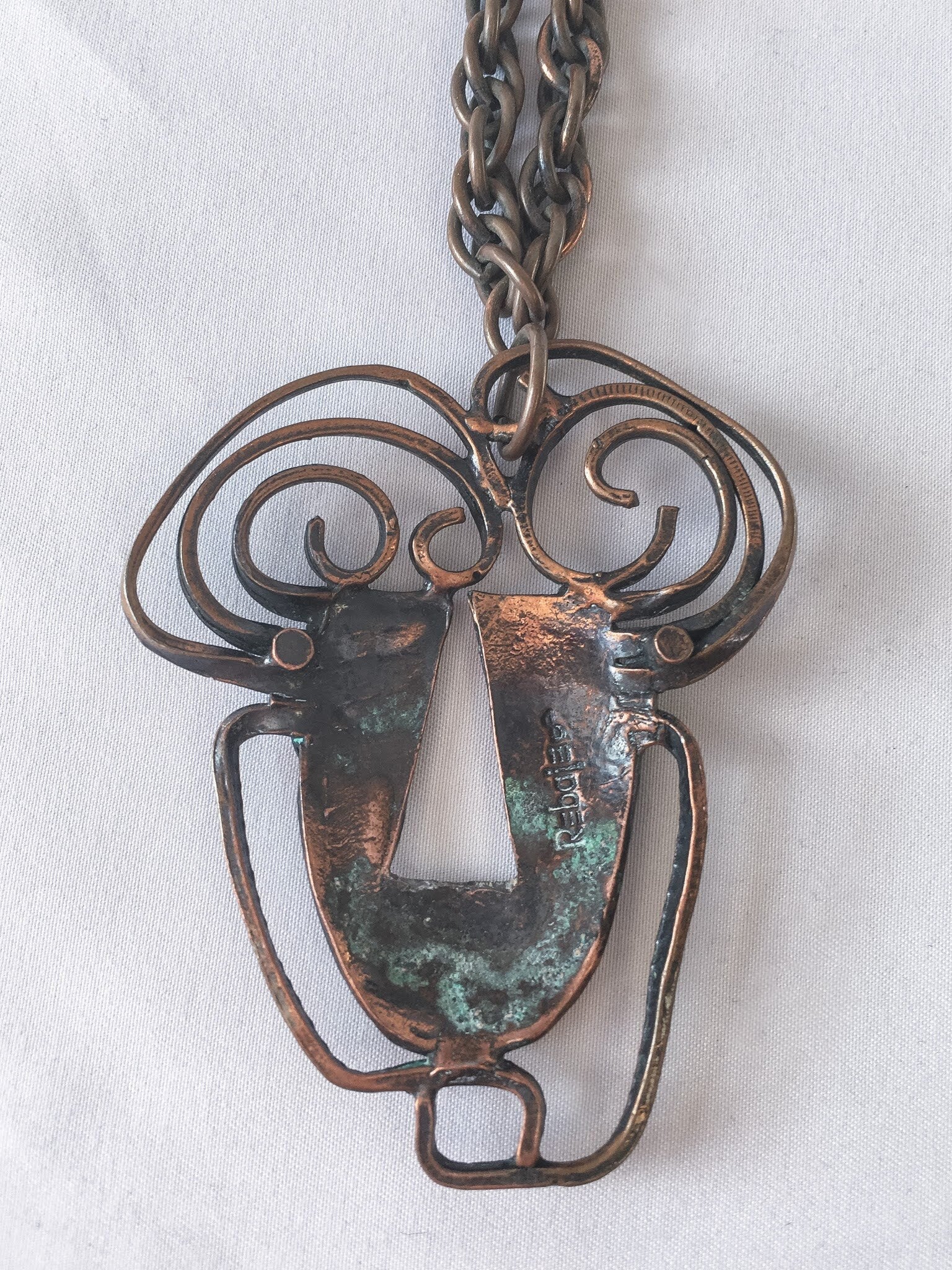 Vintage Rebaje Copper Brutalist African Necklace and Screw Back Earrings Set