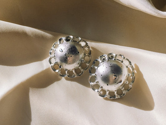 Vintage Silver Tone Textured Dome Clip On Earrings, Vintage Clip On Earrings