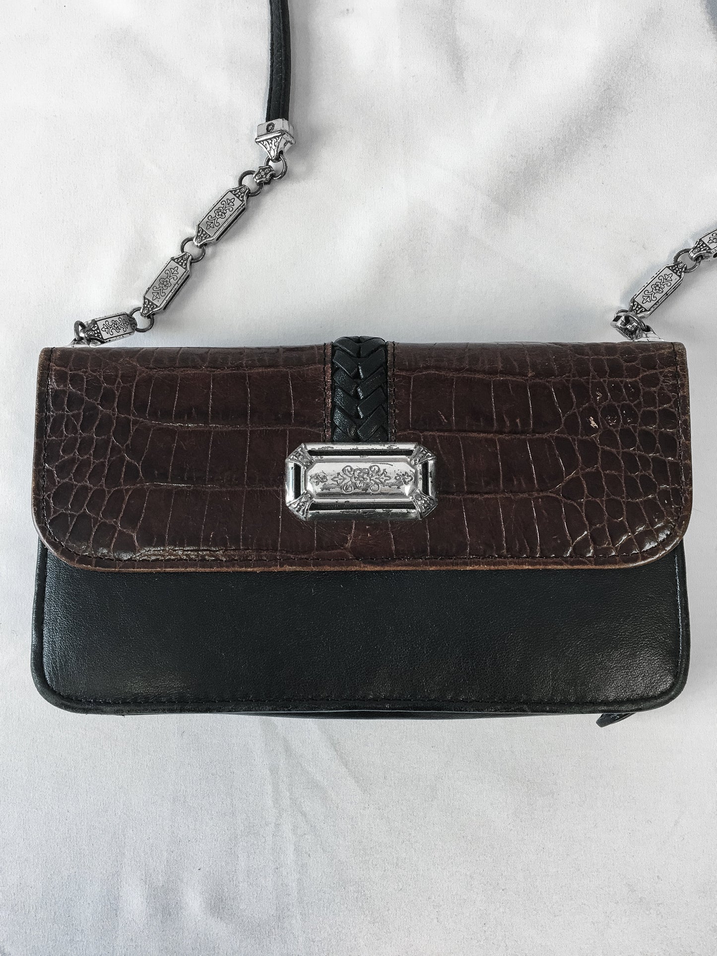 Vintage Brighton Black & Brown Leather Snake Skin Crossbody Purse with Silver Metal Accents