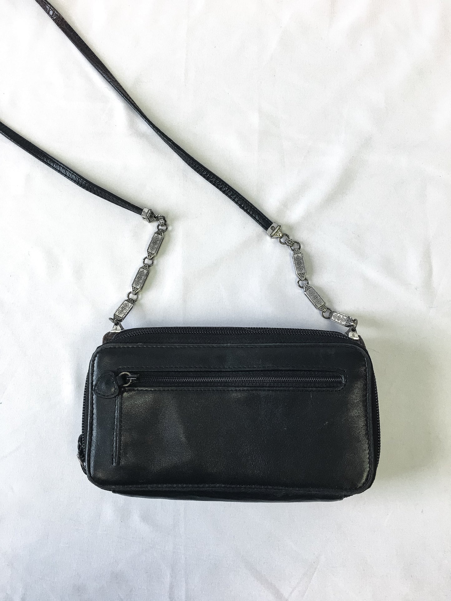 Vintage Brighton Black & Brown Leather Snake Skin Crossbody Purse with Silver Metal Accents