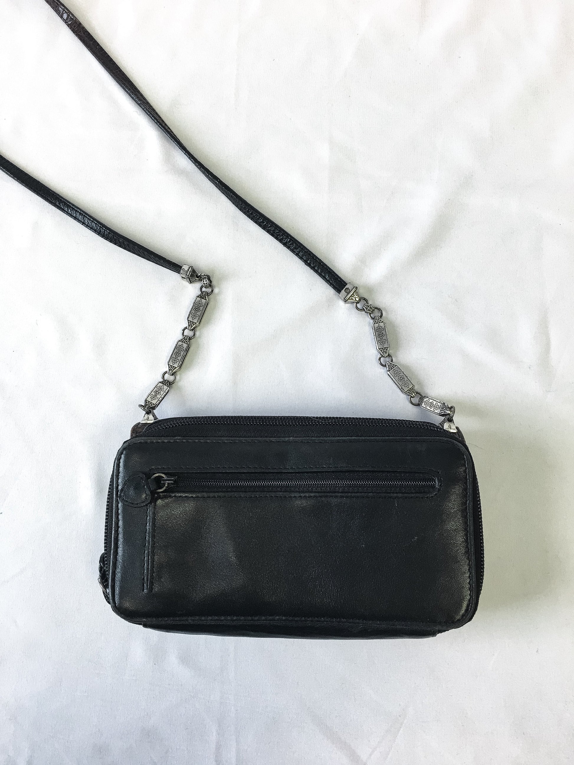 Vintage Brighton Black & Brown Leather Snake Skin Crossbody Purse with Silver Metal Accents