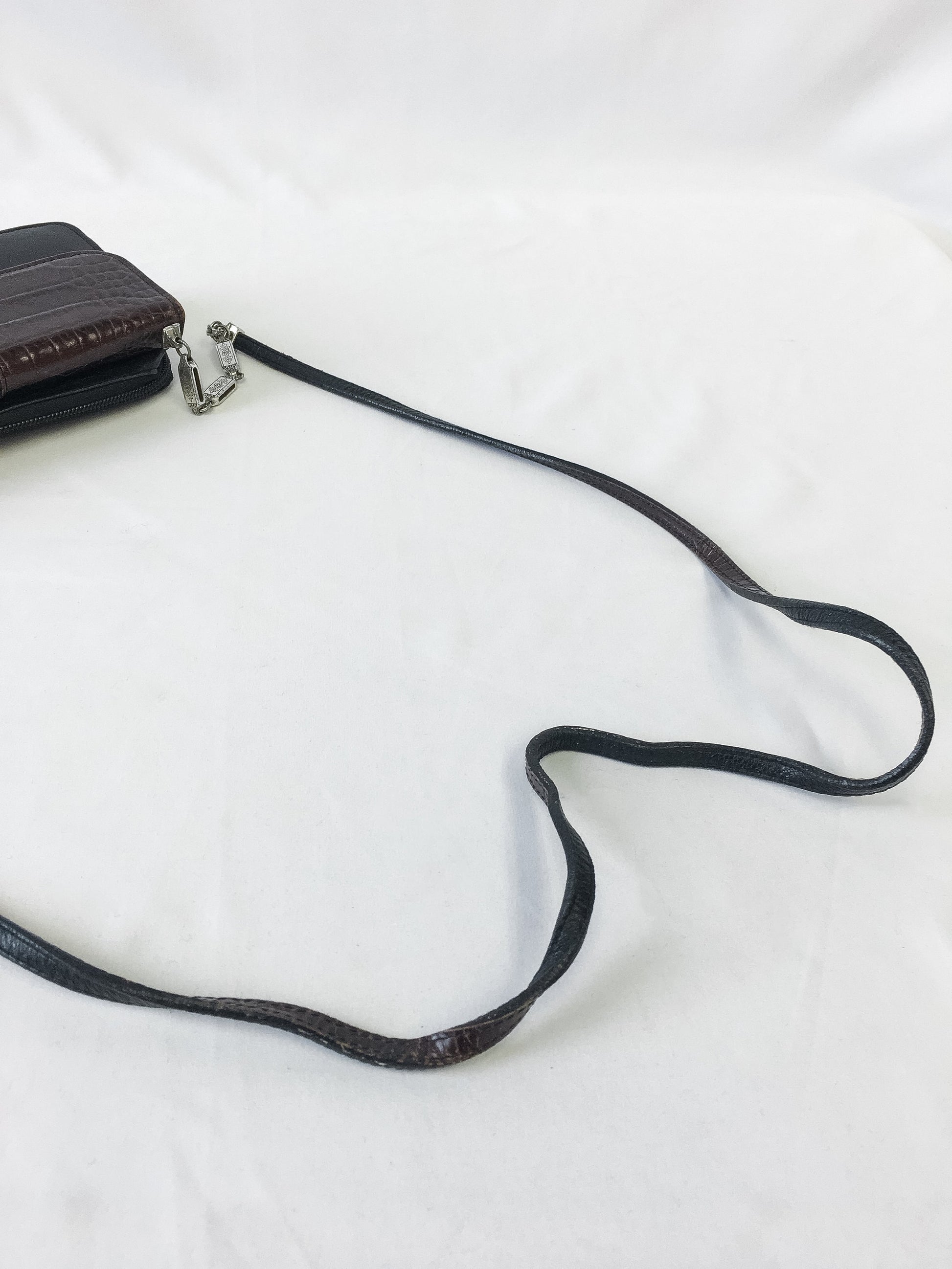 Vintage Brighton Black & Brown Leather Snake Skin Crossbody Purse with Silver Metal Accents